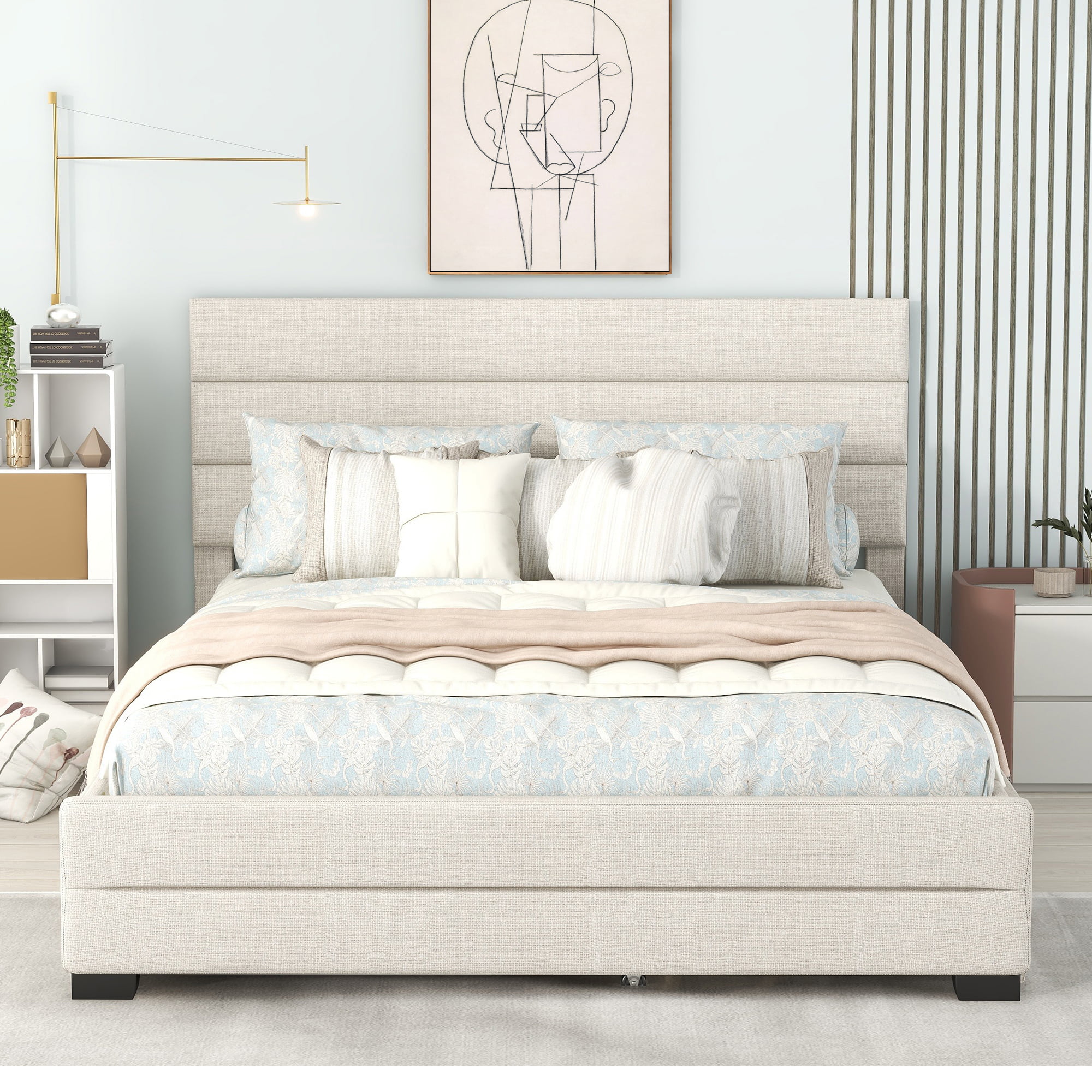 Royard Oaktree Queen Size Storage Bed Platform Bed Upholstered Queen Bed Frame with Headboard,2 Drawers and Trundle,Linen Fabric,No Box Spring Needed,Beige