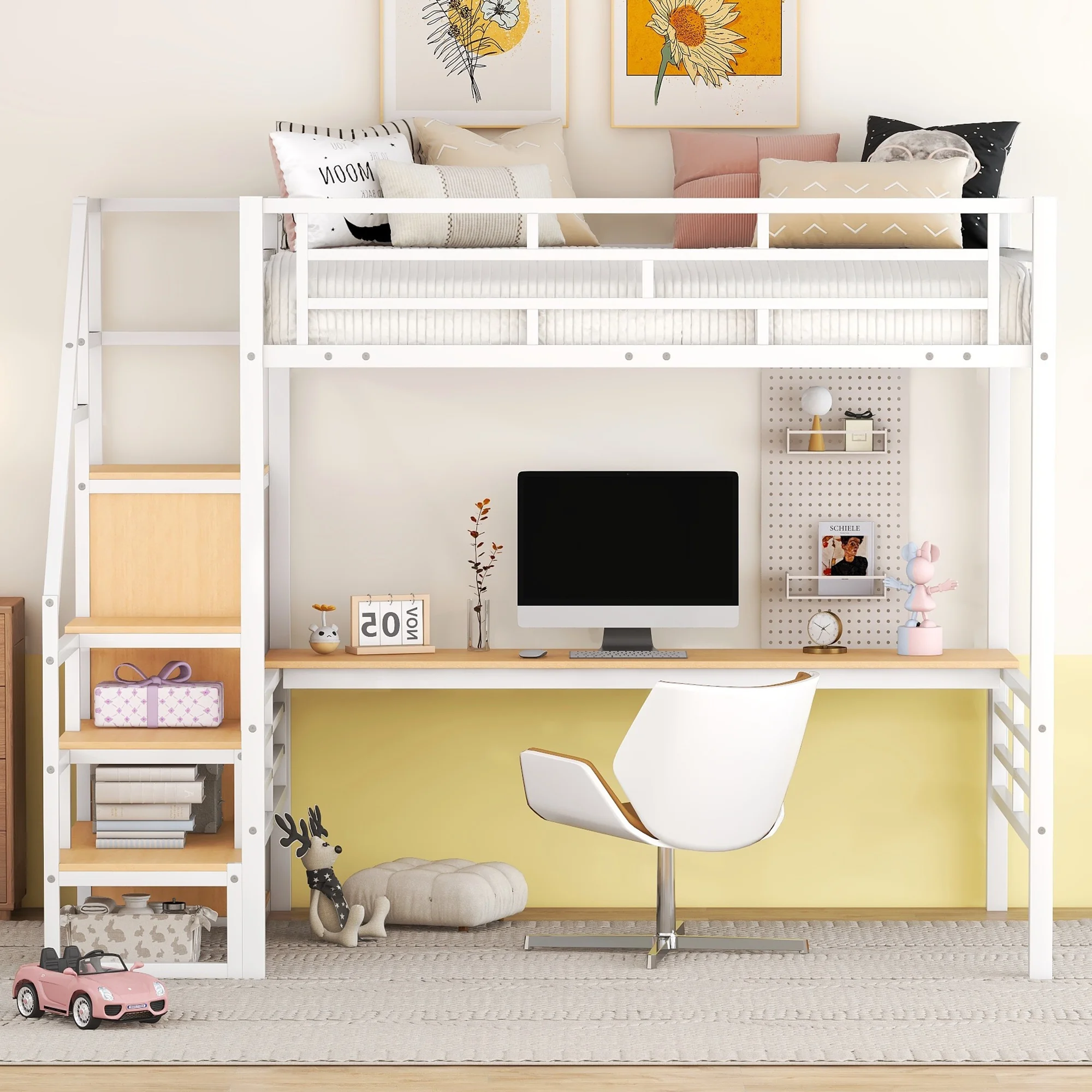 Bellemave Full Size Loft Bed with Desk, Metal Loft Beds with Stair and Built-in Wardrobe, Heavy-Duty High Loft Bed for Kids Teens Adults (White)