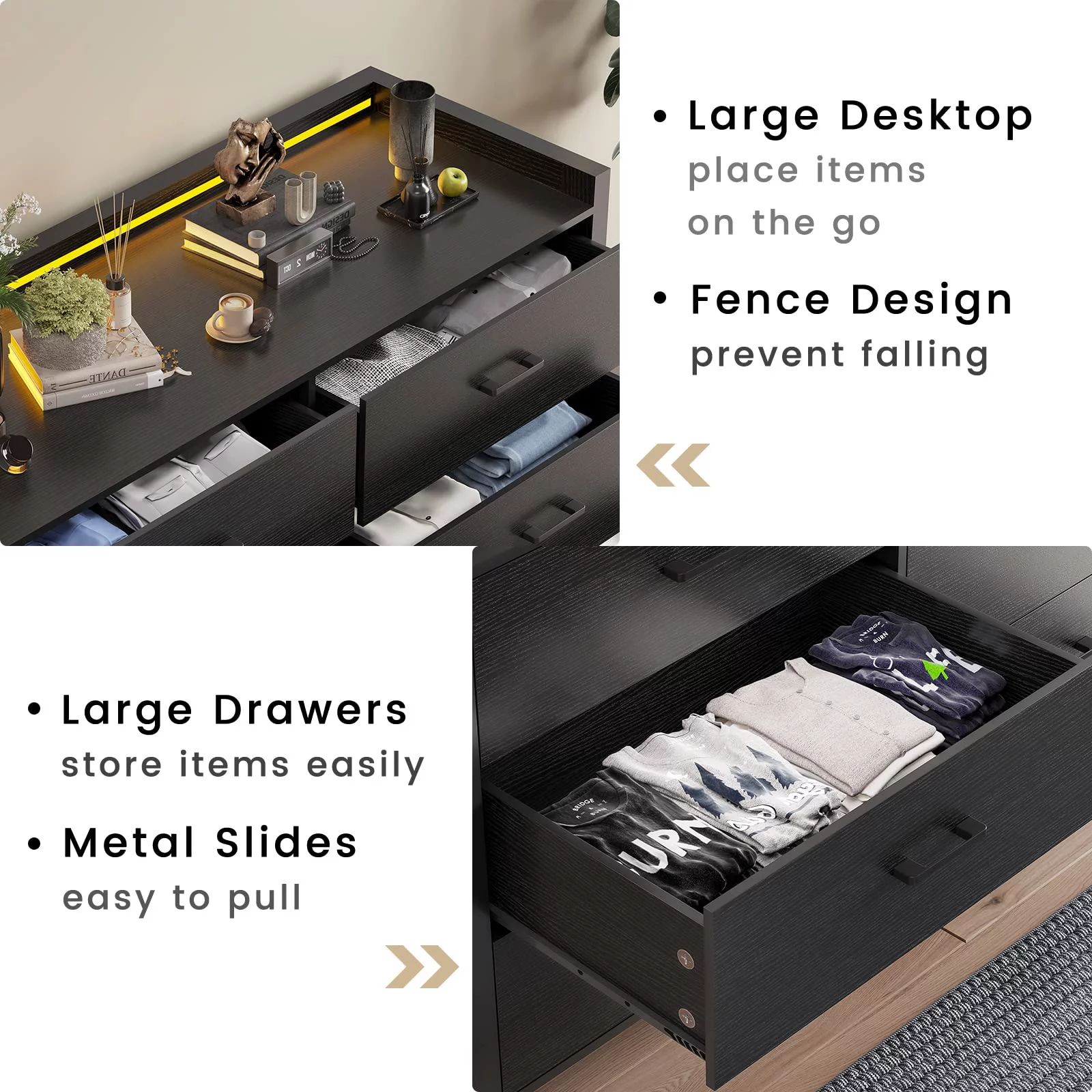 6 Drawer Double Dresser with LED Lights, Large Wooden Storage Cabinet,Drawer Dresser for Bedroom, Hallway, Entryway,Black