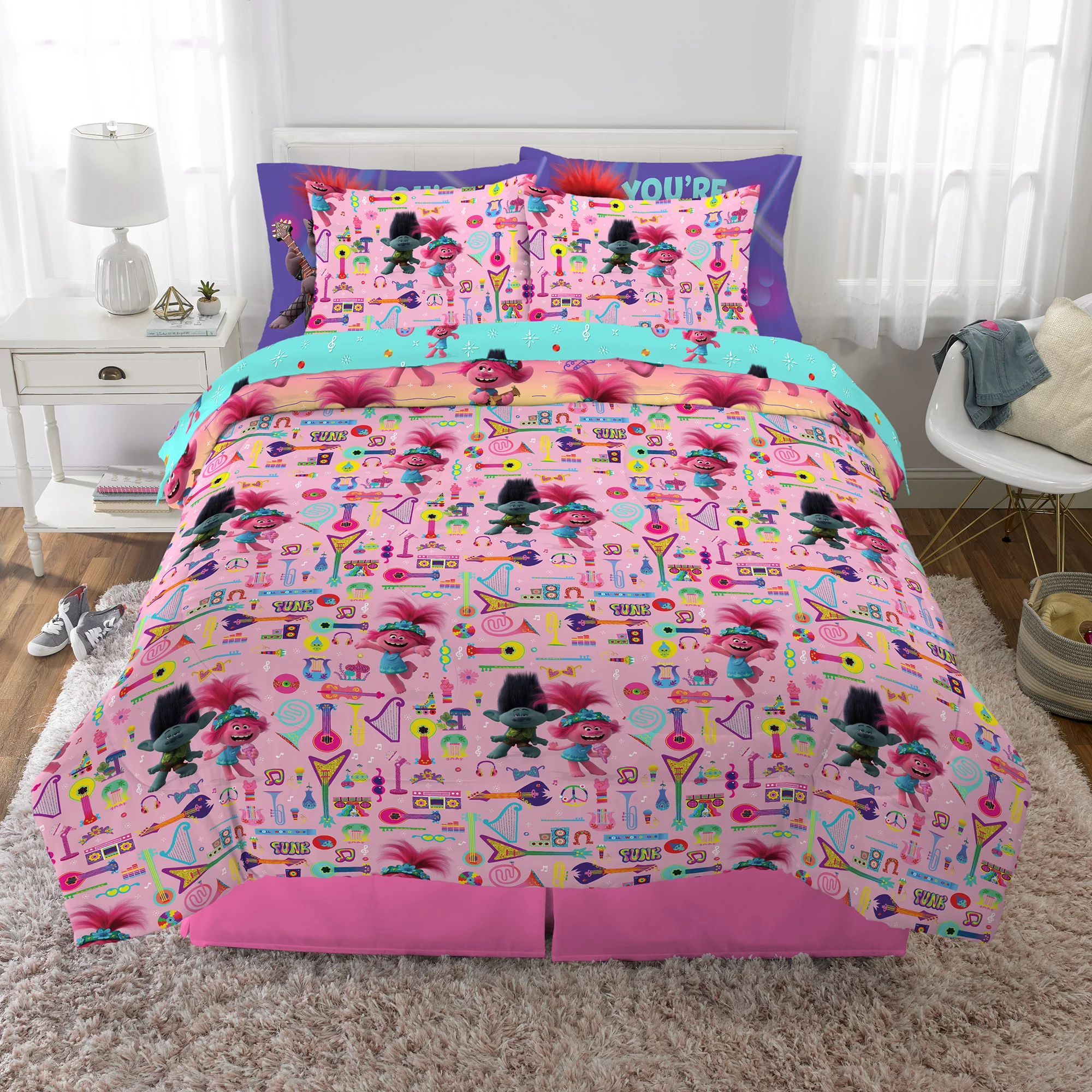 Trolls Kids Full Bed in a Bag, Comforter Sheets and Sham, Rainbow, DreamWorks