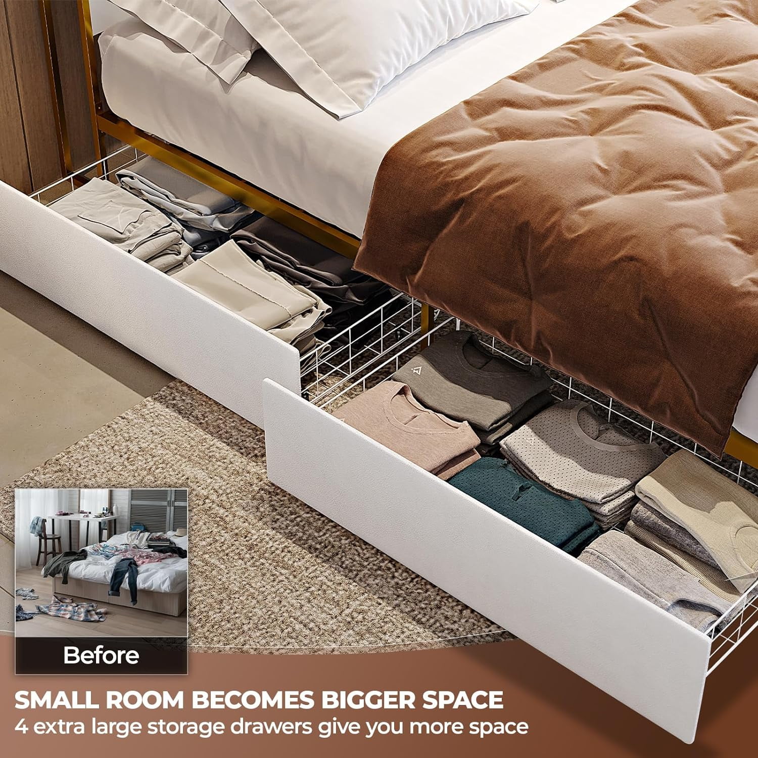 VIPLIVE King Bed Frame with Double Layer Faux Leather Upholstered Headboard and 4 Storage Drawers