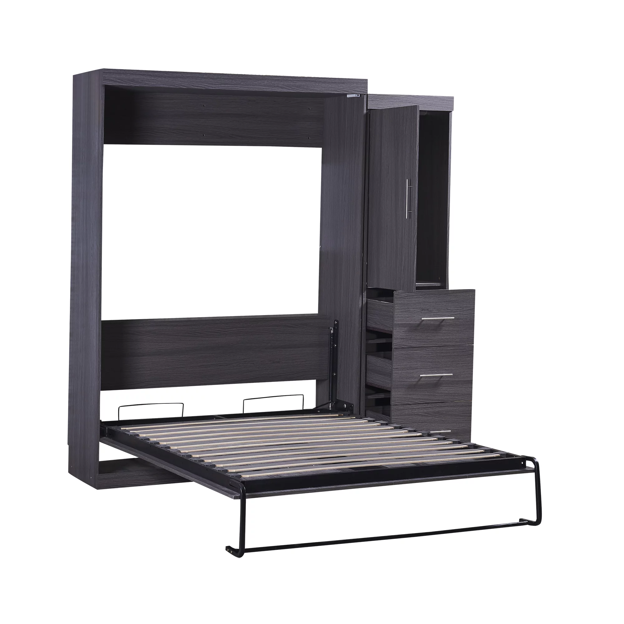 Euroco Wood Full Size Murphy Wall Bed with Wardrobe and Drawers for Living Room, Moveable Wardrobe and Drawers, Space-Saving & Easy Open and Close, Gray