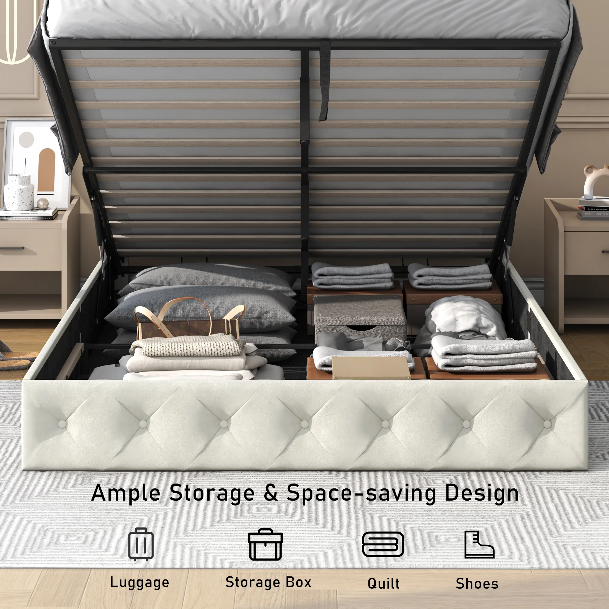 Queen Lift Up Storage Bed with LED Light & Power Station & Large Under Bed Storage, Velvet Upholstered Platform Bed Frame with Adjustable Headboard(Beige-Queen)