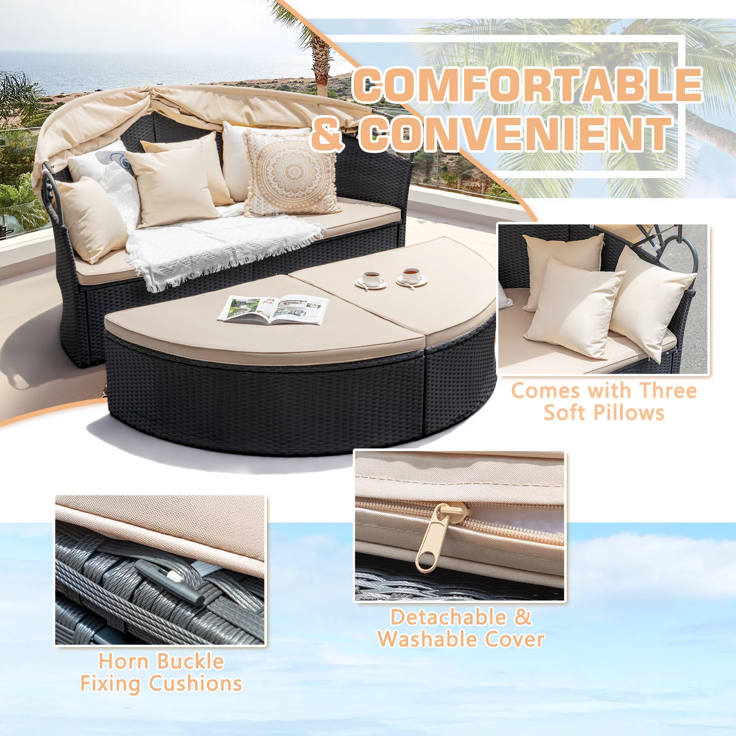 Homall Outdoor Daybed with Retractable Canopy Sectional Rattan Round Bed for Patio, Black & Beige