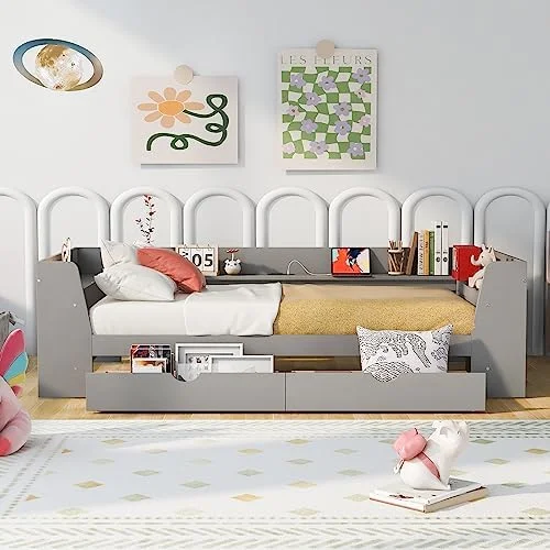 LLBIULife Harper & Bright Designs Twin Daybed with  Drawers  Shelves and Built-in Charging Station  Wood Twin  Bed Frame  for Bedroom Living Room (Twin Size  White)