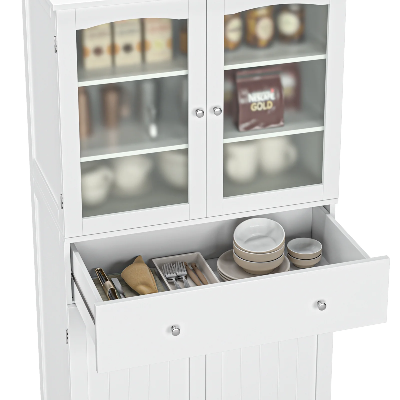 Homfa 70.8'' Kitchen Pantry with 4 Doors, Freestanding Storage Cabinet with Large Drawer for Dining Room, White