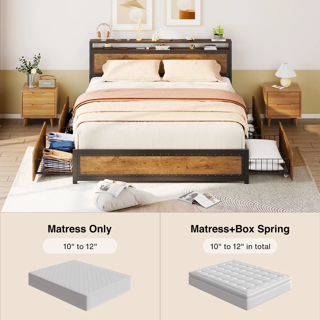 Aiho Queen Size Metal Bed Frame with Drawers and Headboard for Bedroom - Brown