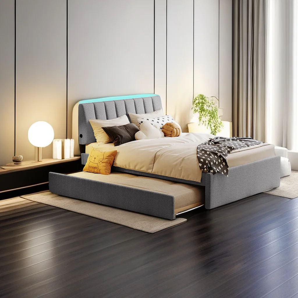 Teddy Fleece Full Size Upholstered Platform Bed with Trundle, Wood Bed Frame with Upholstered Headboard, LED Bed Frame for Bedroom, No Box Spring Needed, Easy Assembly