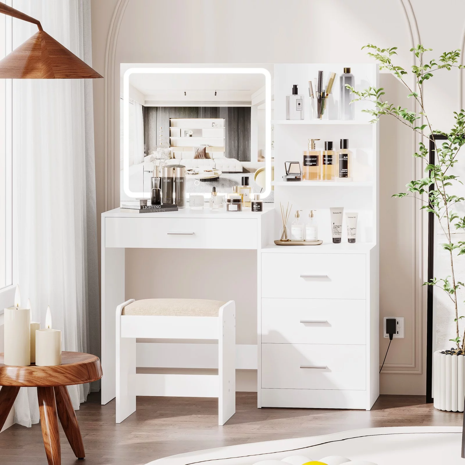 Rovaurx Makeup Vanity Table with Lights and Mirror, Storage Shelf & 4 Drawers, Dressing Desk, White