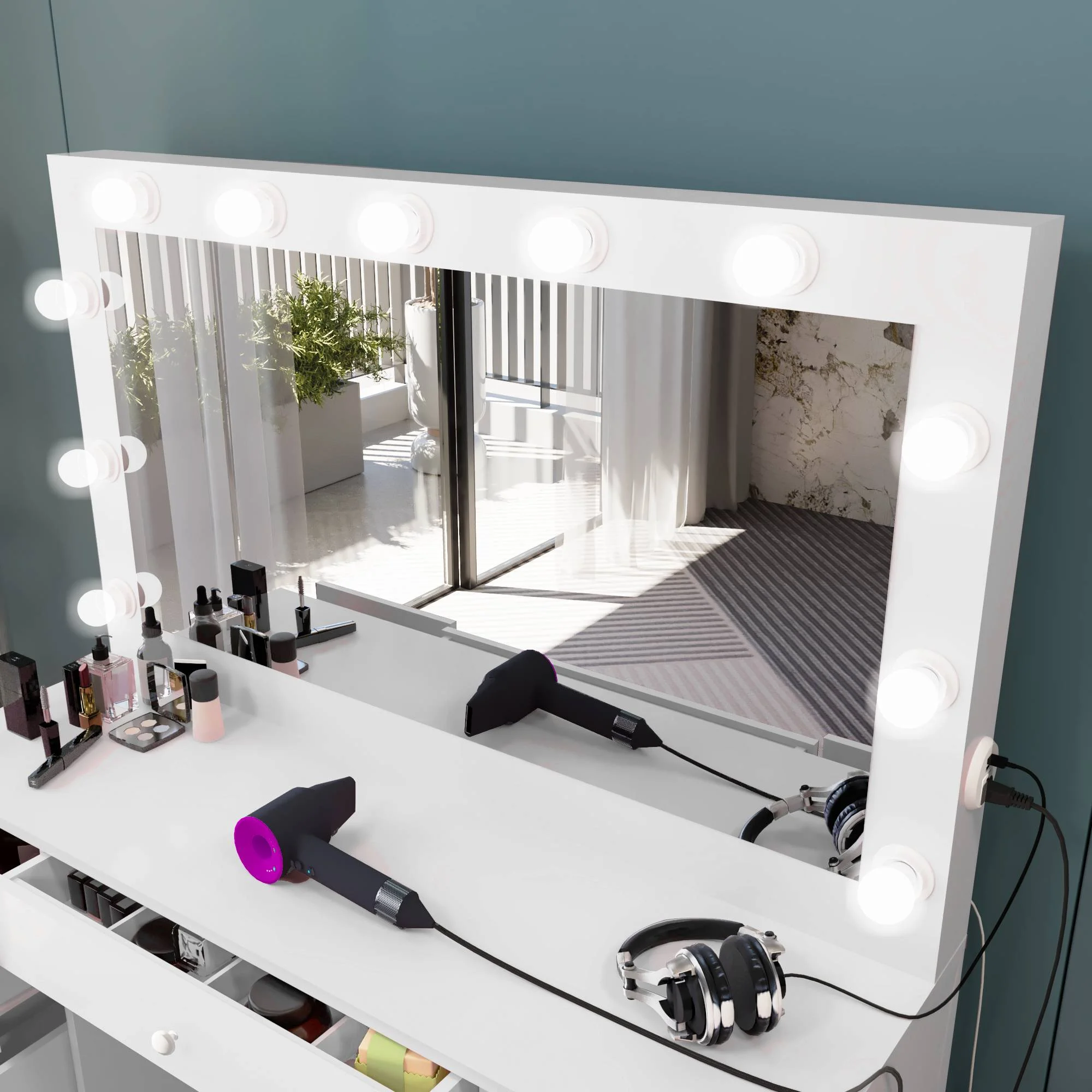 Boahaus Freya Modern Makeup Vanity with Lights, White Vanity Table for Bedroom