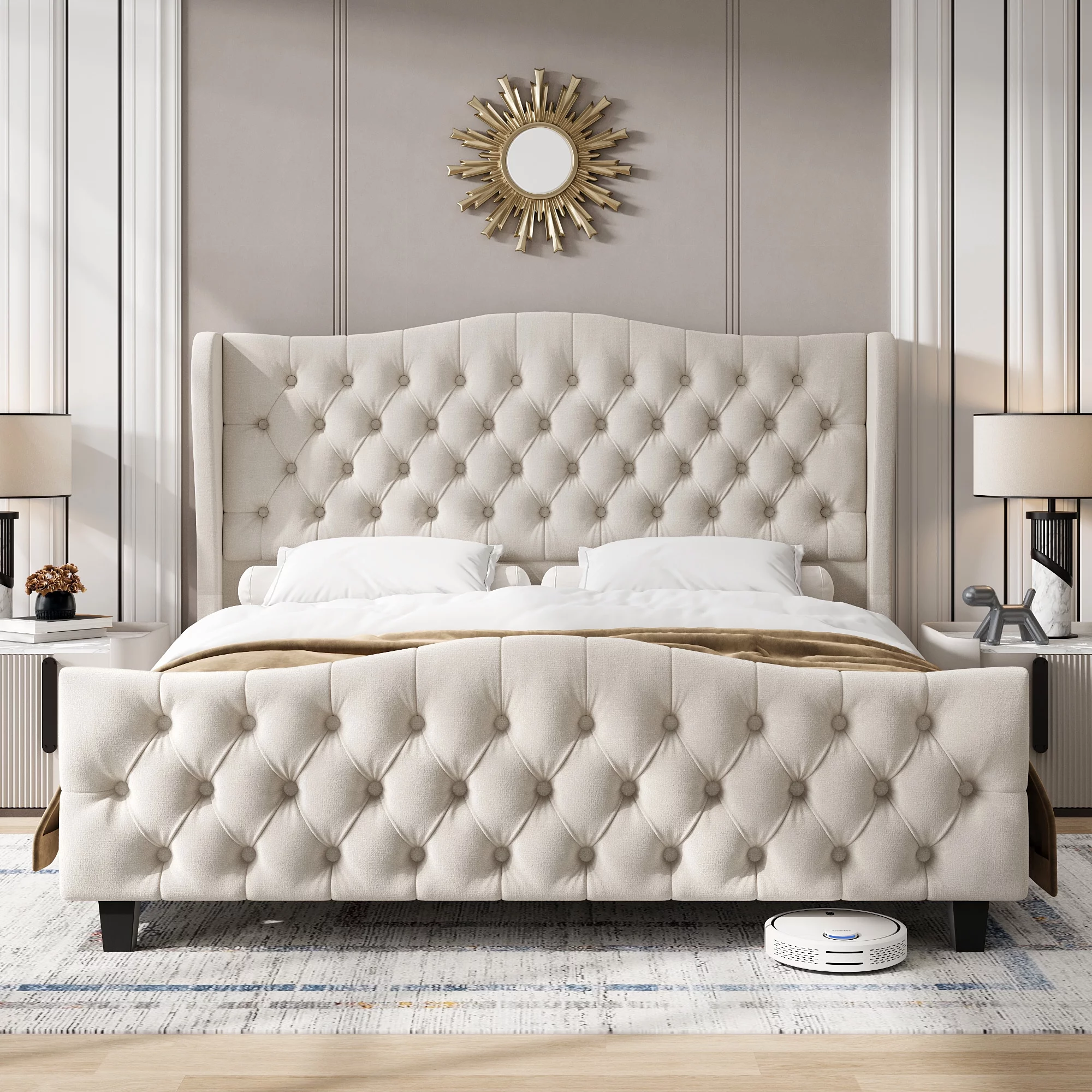 Homfa Queen Size Bed, 54.3” Tall Modern Velvet Tufted Upholstered Platform Bed Frame with Deep Button Wingback Headboard, Beige