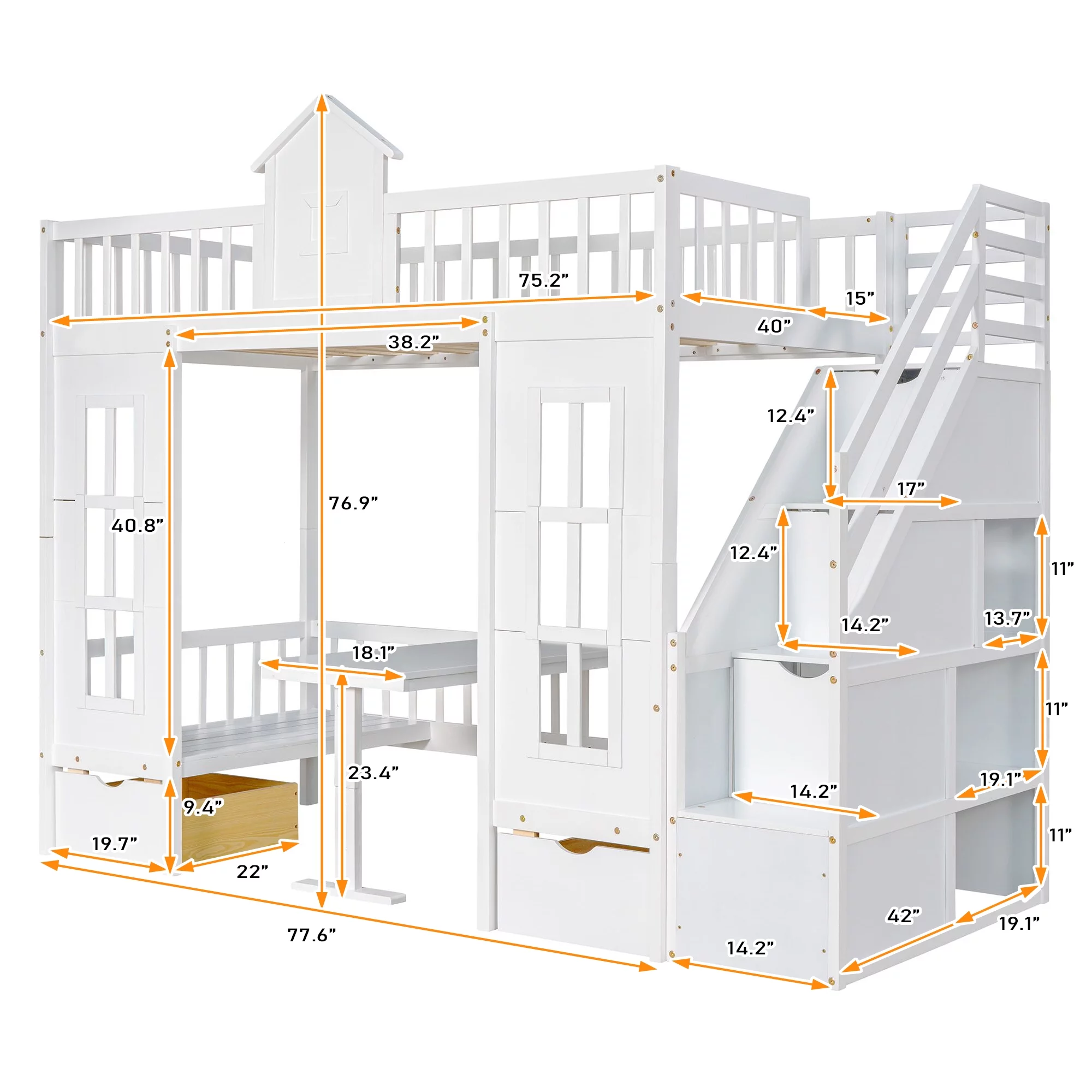 Twin Over Twin Bunk Beds with Stairs, Wood Loft Bed with Desk and Seat Can be Turned Into Bunk Bed, Convertible Dorm Bunk Bed with 2 Storage Drawers for Kids Teens(White+White)