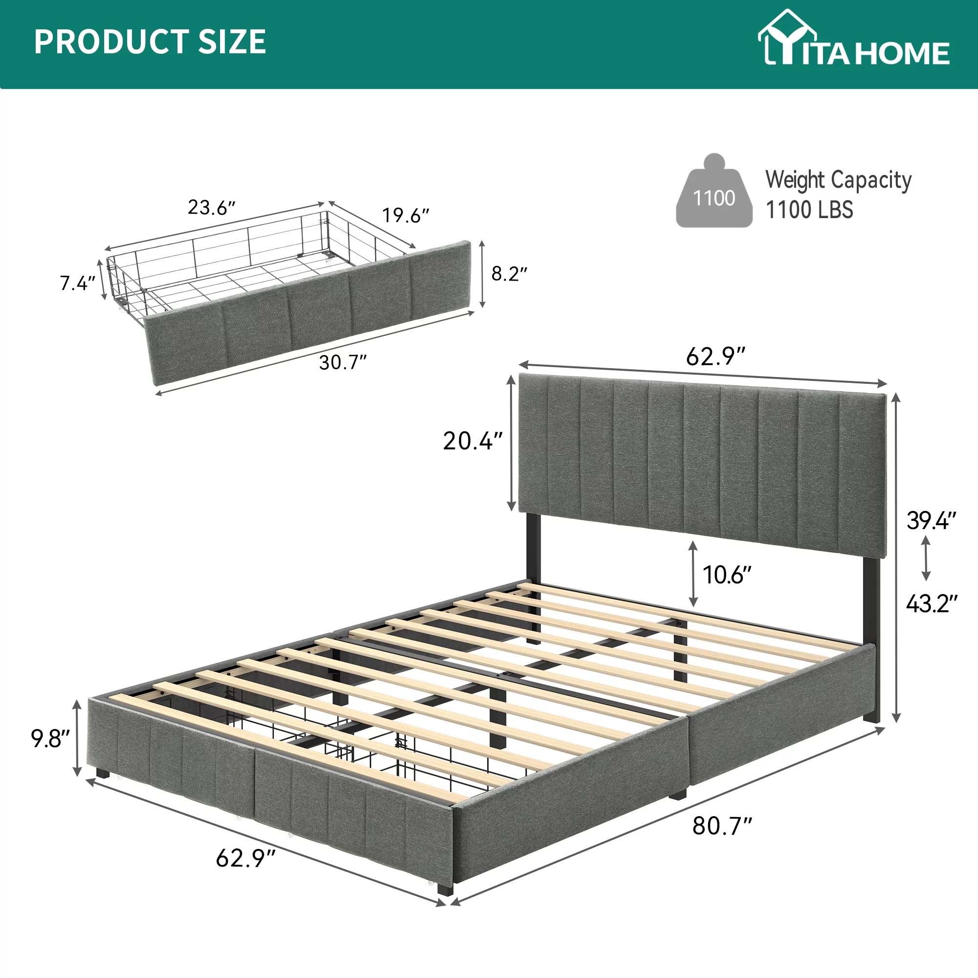Dextrus Queen Size Bed Frame, Platform Bed with Storage Drawers, Upholstered Bed with Headboard and Strong Wood Slats Support, No Box Spring Needed, Grey