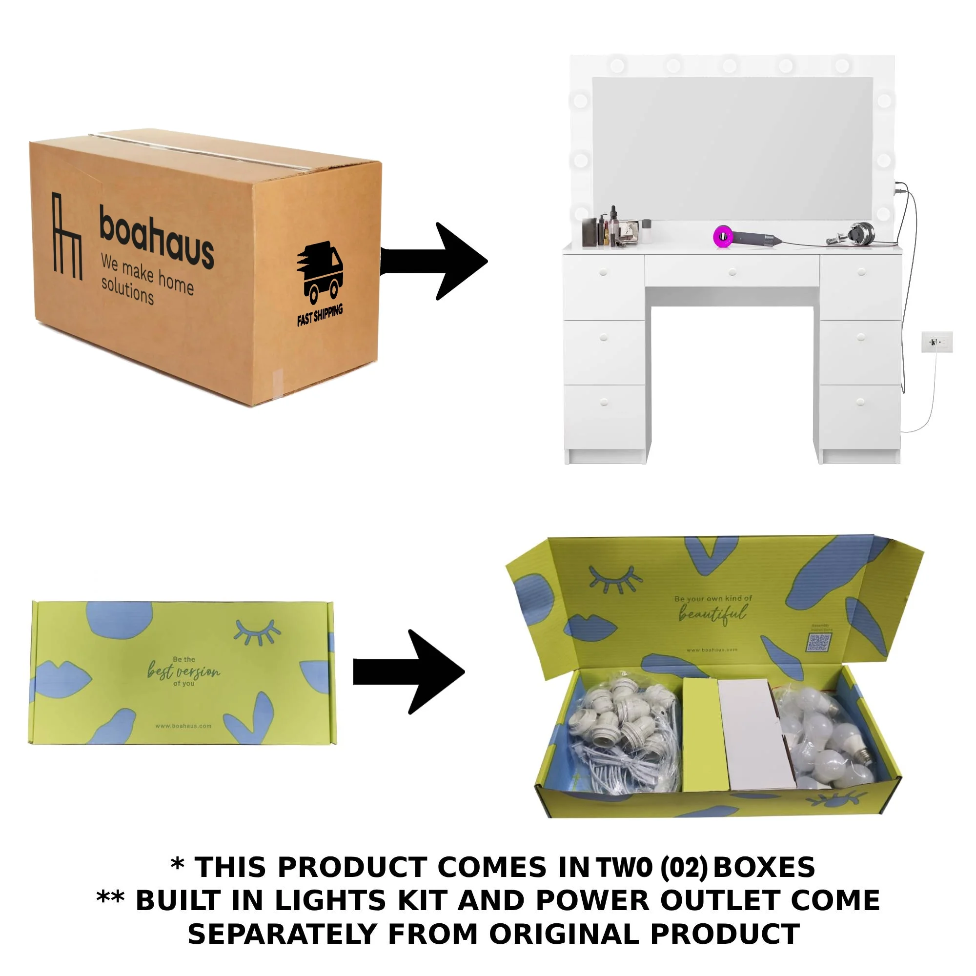 Boahaus Freya Modern Makeup Vanity with Lights, White Vanity Table for Bedroom