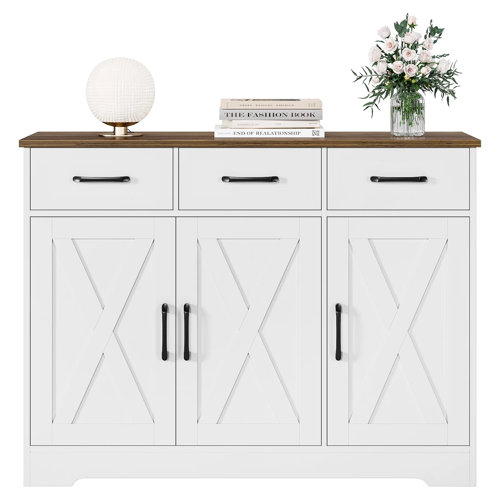 Homfa 42.5‘’ Kitchen Buffet Sideboard Cabinet, 3 Drawers Farmhouse Coffee Bar Storage Cabinet with Adjustable Shelf, White