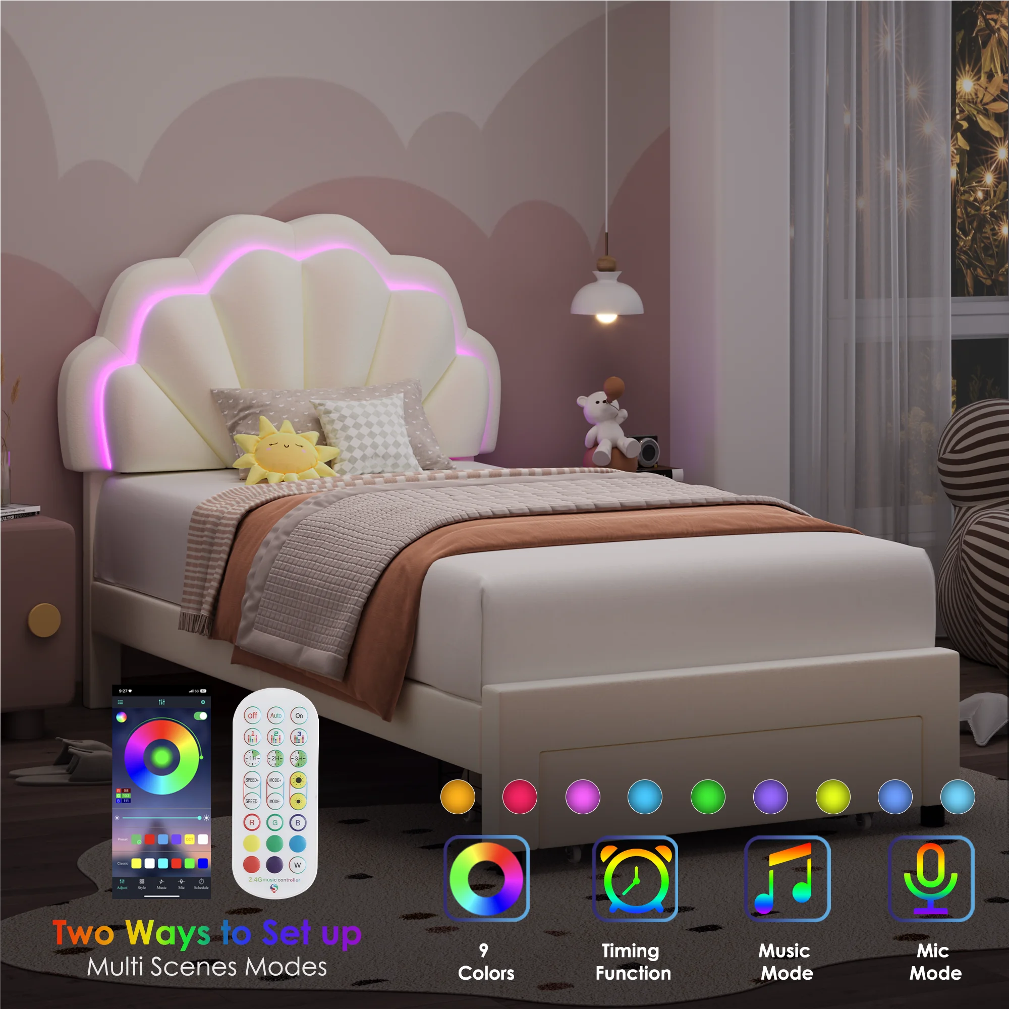 Homfa Twin Size LED Bed Frame with Drawer, Velvet Upholstered Platform Bed with Adjustable Petal Headboard for Kid, Beige