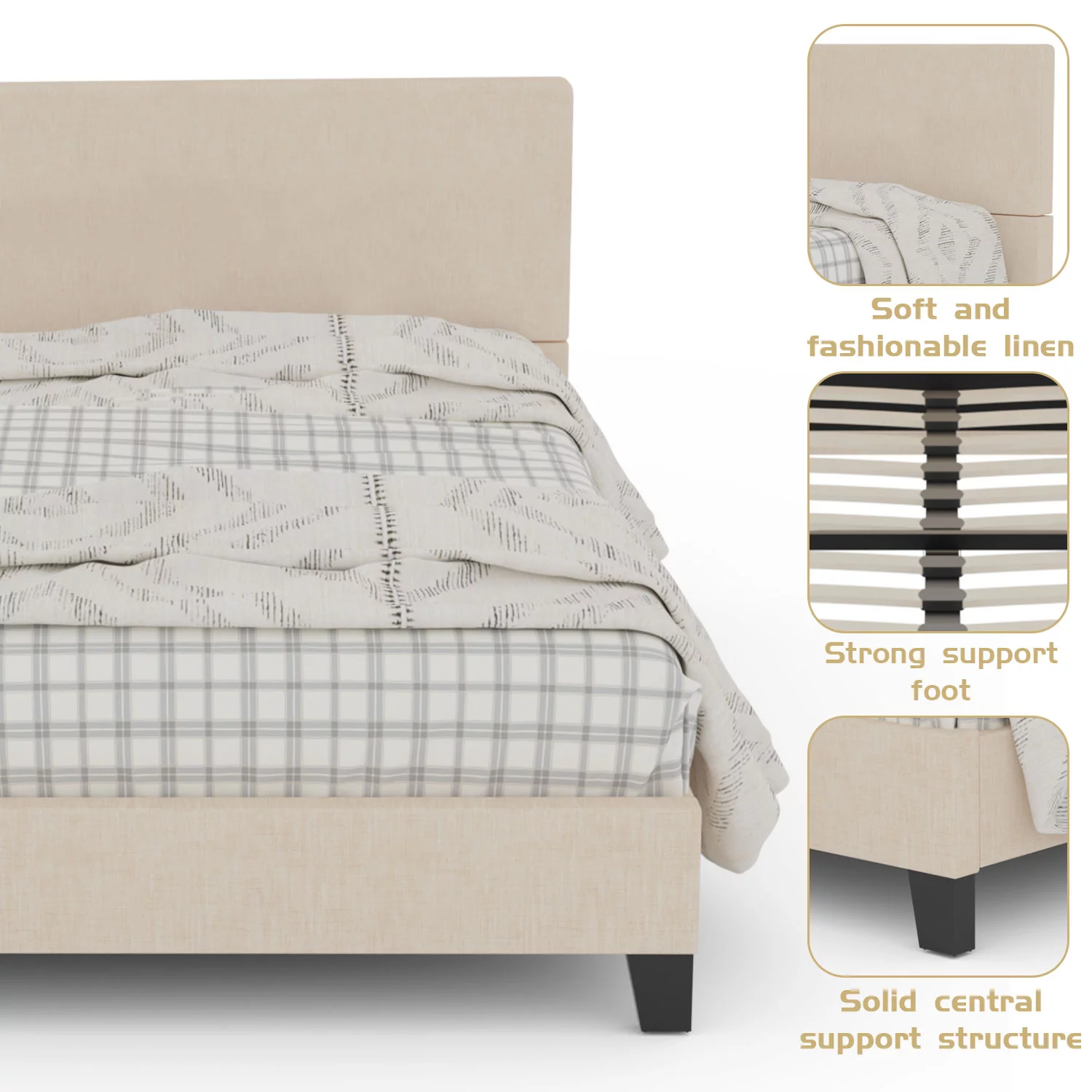 Williamspace Full Size Platform Bed Modern Metal Bed Frame with Fabric Headboard Frame with Wood Slat Support No Box Spring Needed,Beige