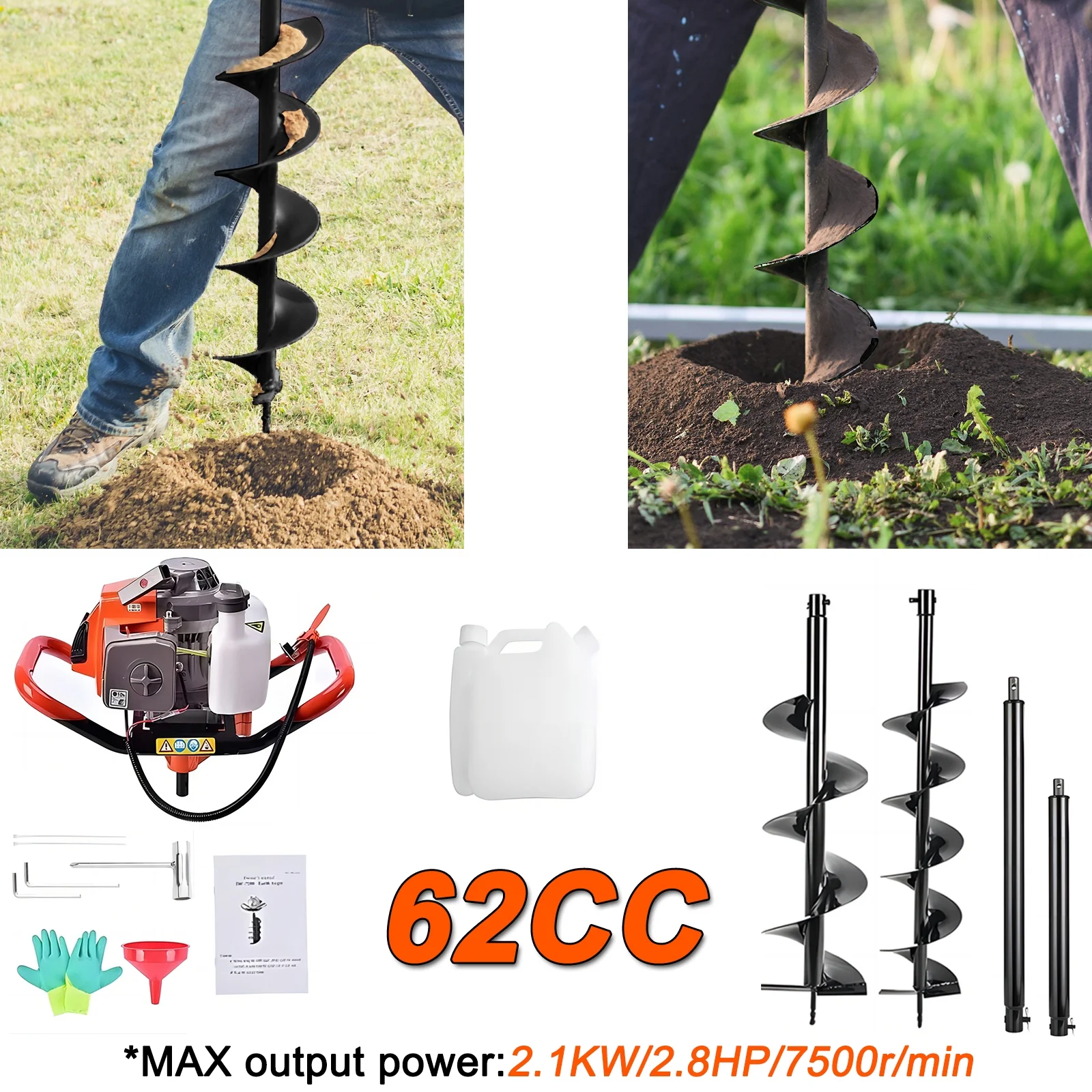 JSTUOKE 62cc 2100W Post Hole Digger 2 Stroke Petrol Gas Powered Earth Digger with 2 Auger Drill Bits ( 6