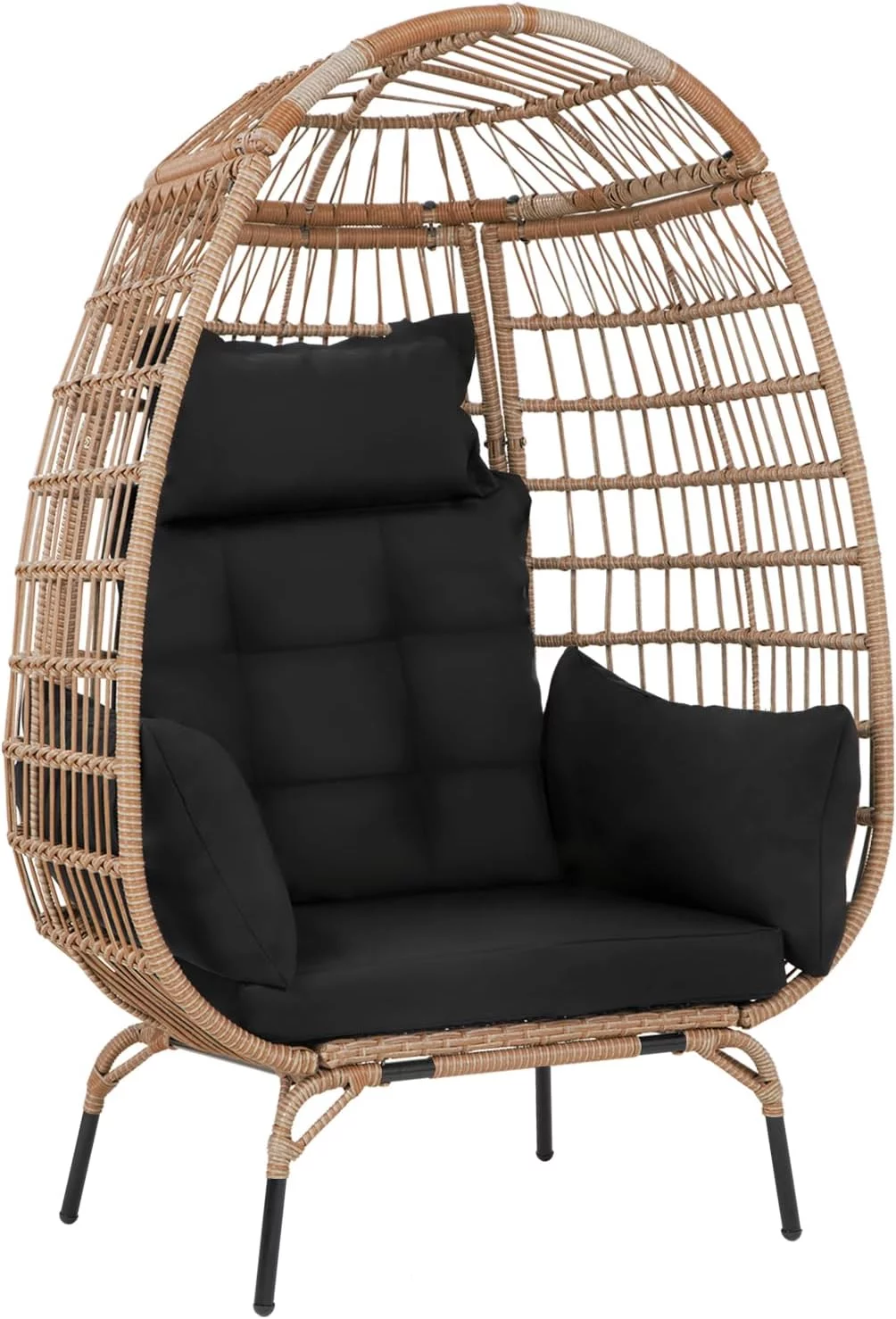 YRLLENSDAN Egg Chair Indoor Outdoor Egg Basket Lounge Chair Rattan Chair Steel Frame Oversized Indoor Outdoor Lounger with 4 Comfort Cushion and Stand,352lb Capacity for Patio Garden Living Room,Black