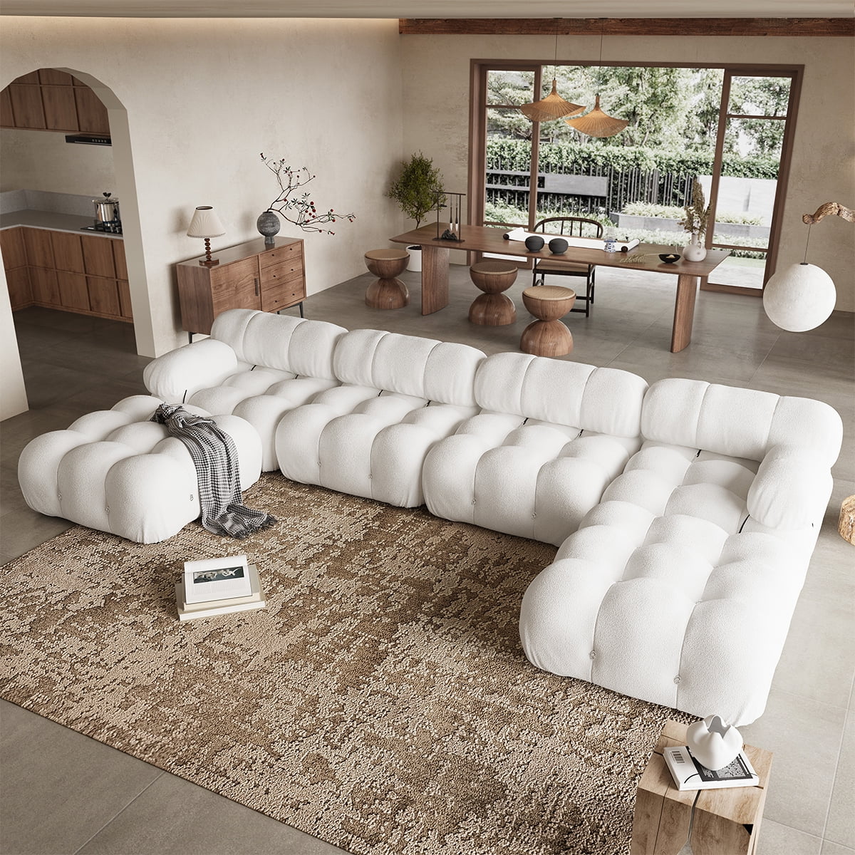 Indecor Home Modular Sectional Sofa, Modern Boucle 4 Seater with 2 Ottomans Convertible Sofas for Living Room White