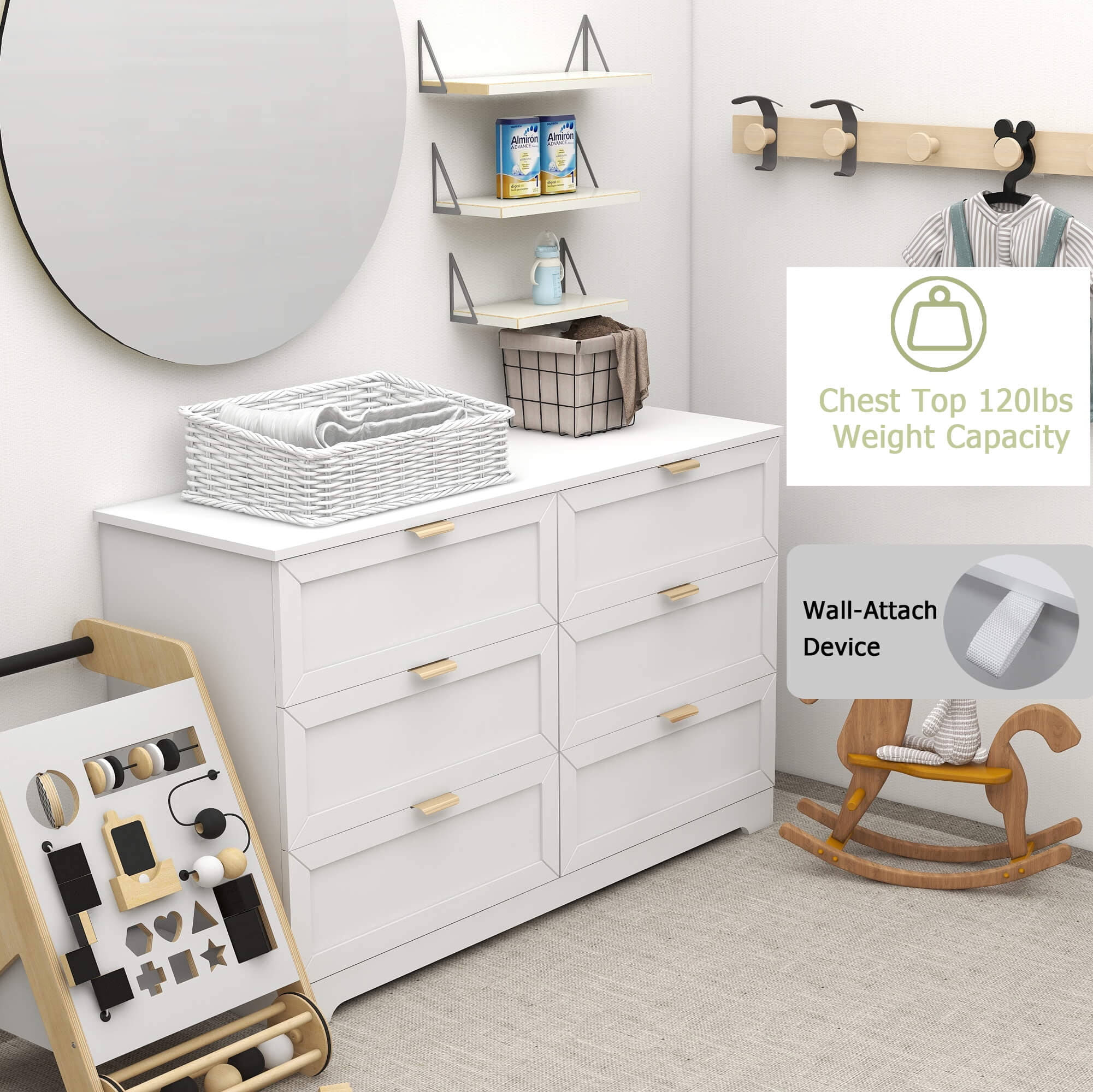 6 Drawer Dresser for Bedroom, Modern Long Dresser Chest With Large Drawer, Wooden Chest of Dresser Storage Cabinet Organizer Unit