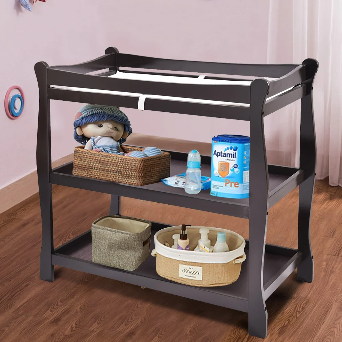 Baby Changing Table, Infant Diaper Changing Table Organization, Newborn Nursery Station with Pad, Sleigh Style Nursery Dresser Changing Table with Hamper/ 2 Fixed Shelves (Espresso)