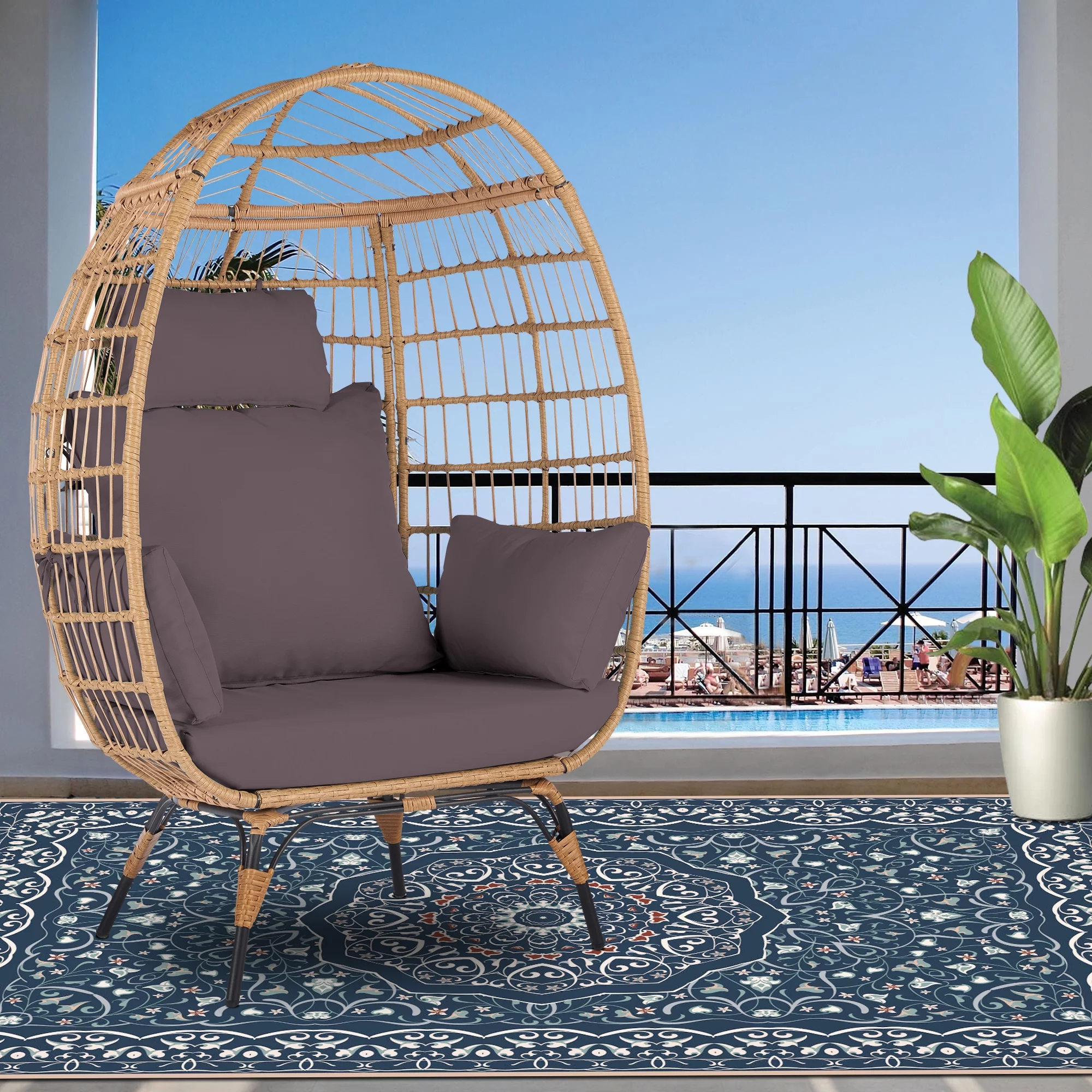 Wicker Egg Chair, Oversized Indoor Outdoor Boho Lounger Chair Stationary Egg Basket Chair, All-Weather 440lb Capacity Patio Chair, Dark Gray