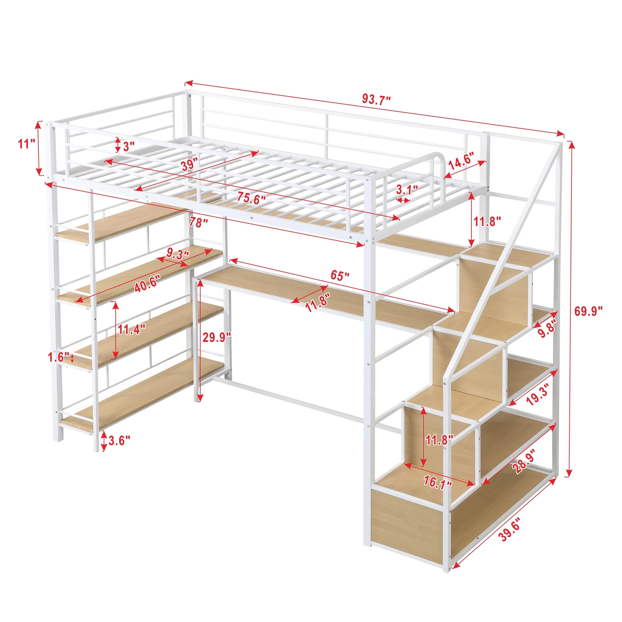 Bellemave Twin Size Metal Loft bed with Stairs and Desk, Heavy-Duty Steel Loft Bed Frame Built-in Storage Shelves, Loft Bed Twin for Kids Teens Adults,White