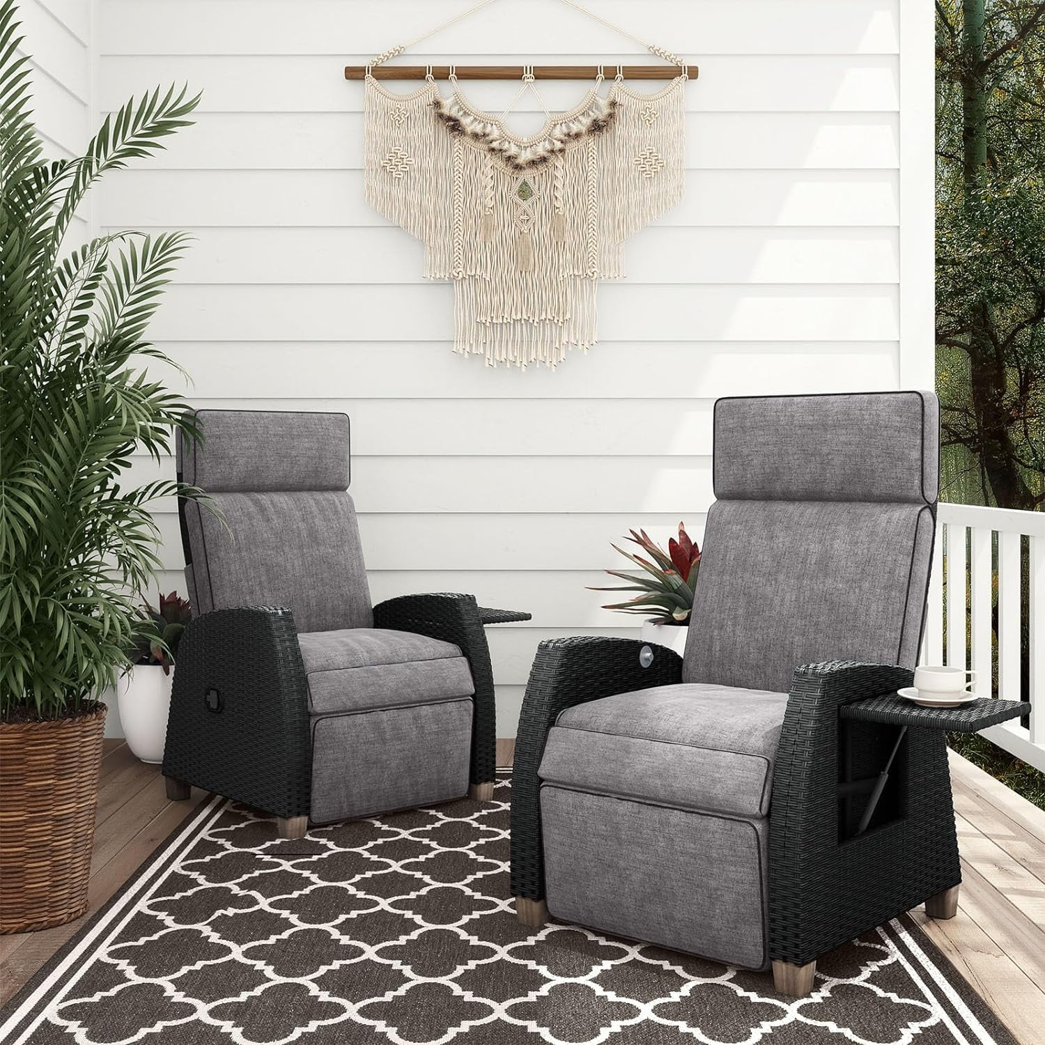 Grand Patio Indoor & Outdoor Recliner Chair PE Wicker Patio 150° Lay Flat Recliner, 2PCS, Gray