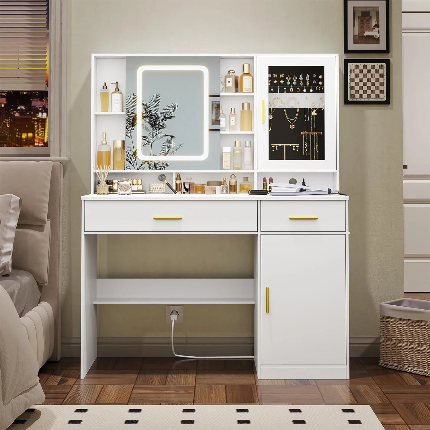 Makeup Vanity Desk with Mirror and Lights, Modern Vanity Desk Dressing Table with Charging Station&2 Drawers&Jewelry Cabinet for Women Girls, White