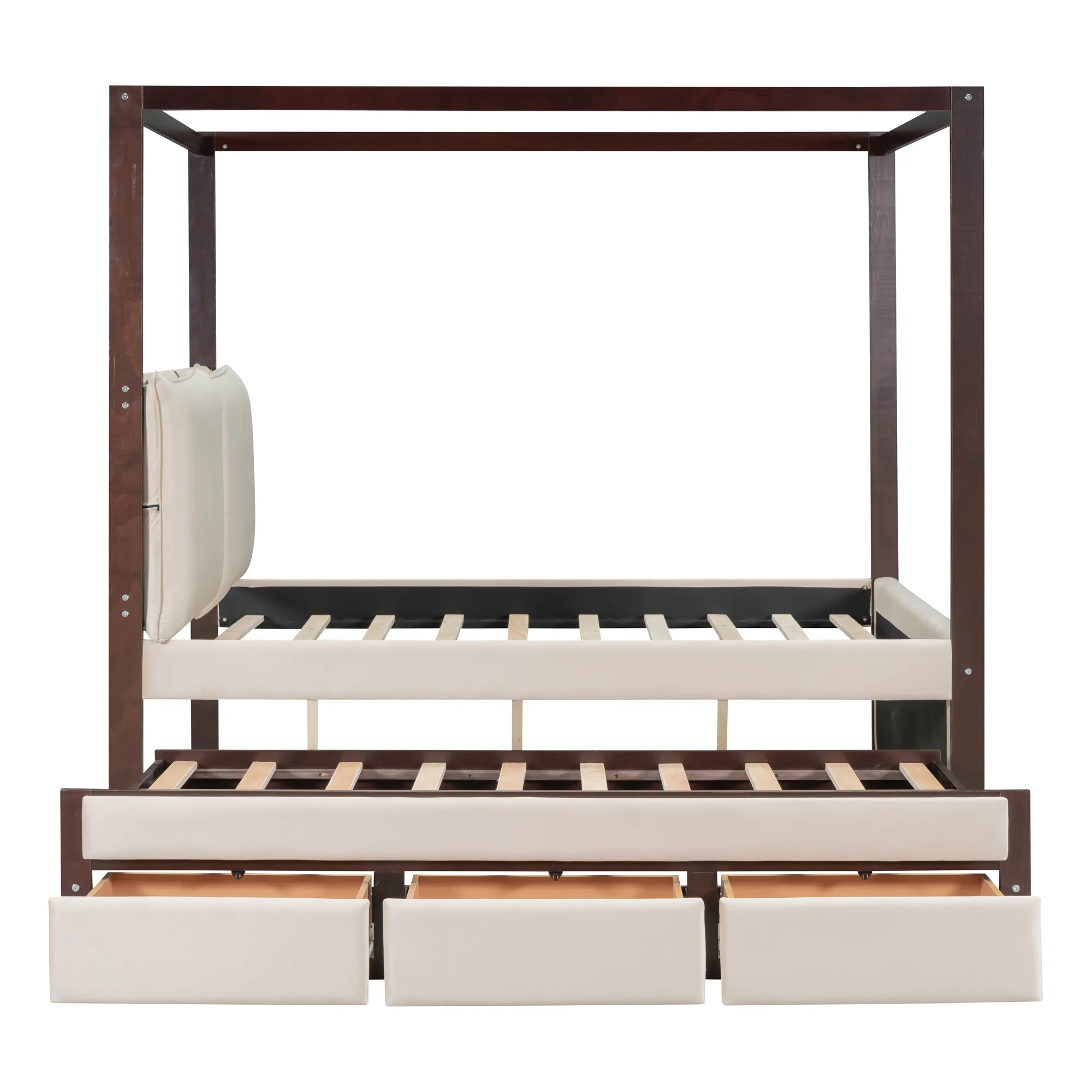 Churanty Full Size Upholstered Canopy Bed with Trundle and 3 Drawers, Beige