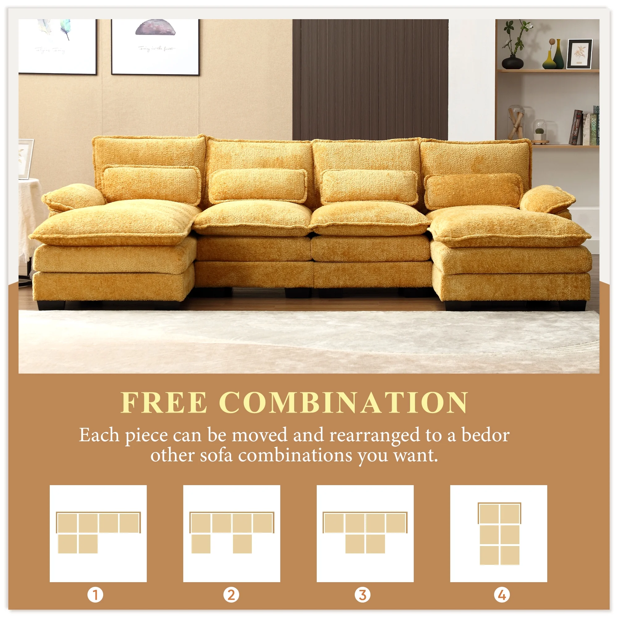 Muumblus Chenille Sectional Sofa with 2 Chaise, 110.6