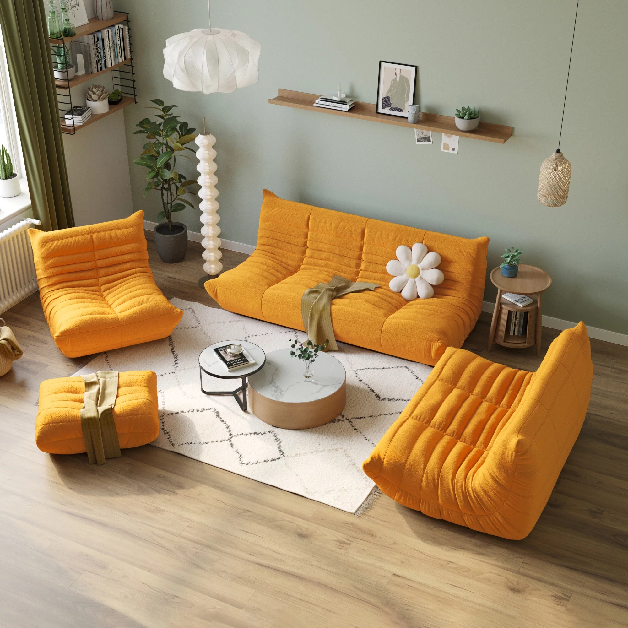 Magic Home Modern Sectional Sofa Togo Sofa Lazy Sofa Floor Sofa Foam Sofa Teddy Velvet Couch for Living Room and Apartment,6 Seat Sofa and Ottoman,Yellow