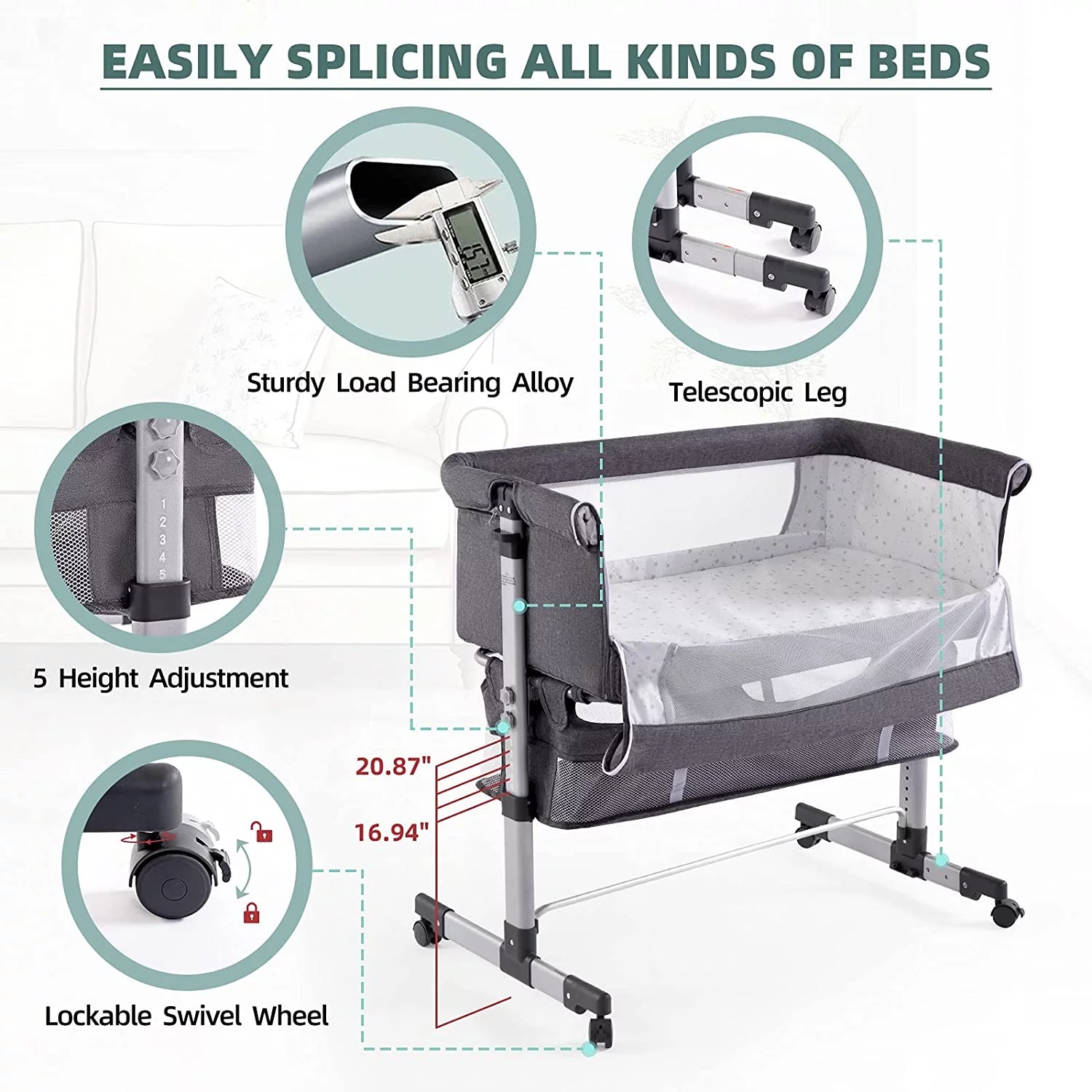 NEWLAKE 3 in 1 Bassinet for Baby, Height Adjustable Bedside Sleeper for Newborn Infant/Baby Boy/Baby Girl (Grey)