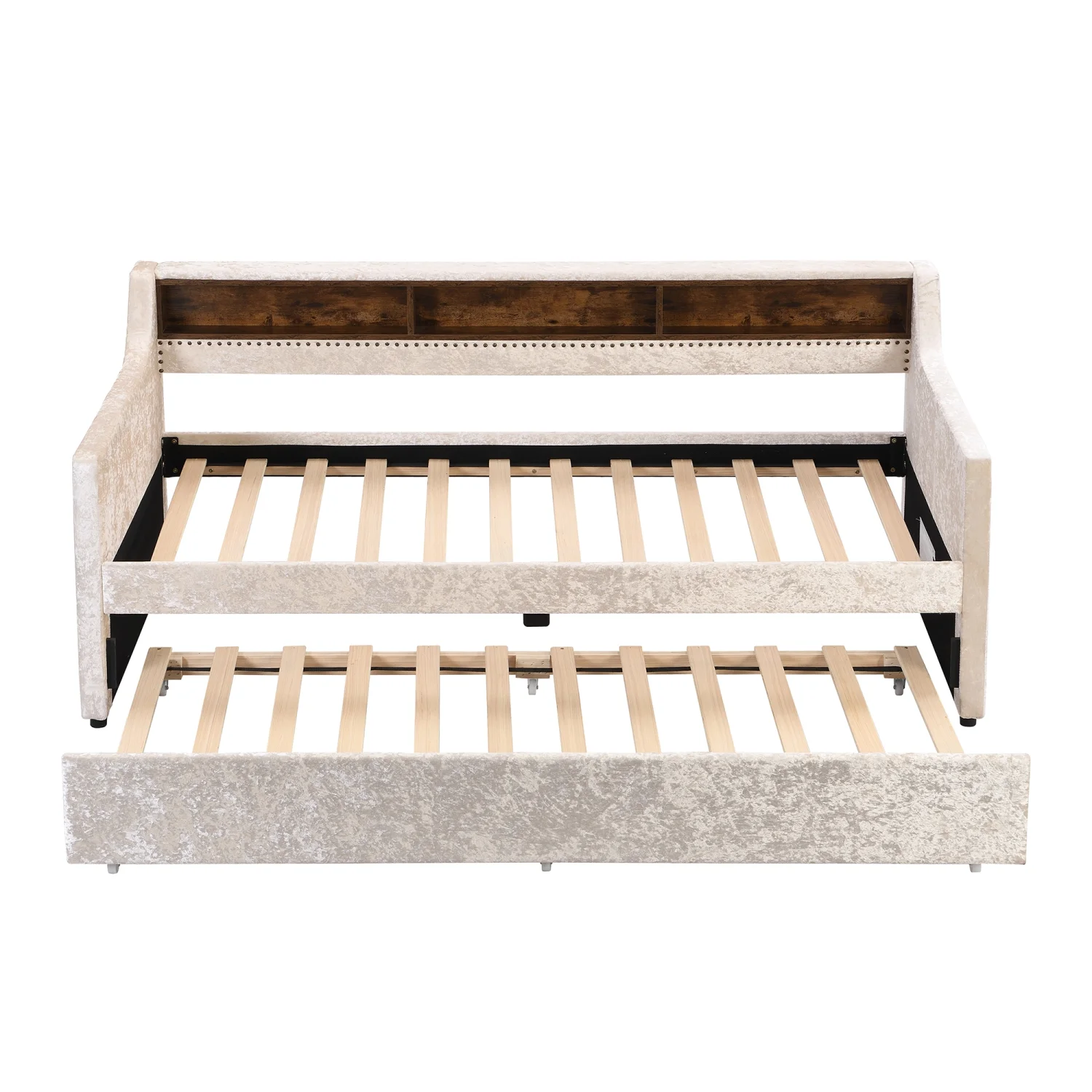 Churanty Twin Size Upholstered Daybed with Trundle and Built-in Storage Shelves, Snowflake Velvet Sofa Bed Wood Day Bed Frame for Bedroom Living Room Guest Room, Beige