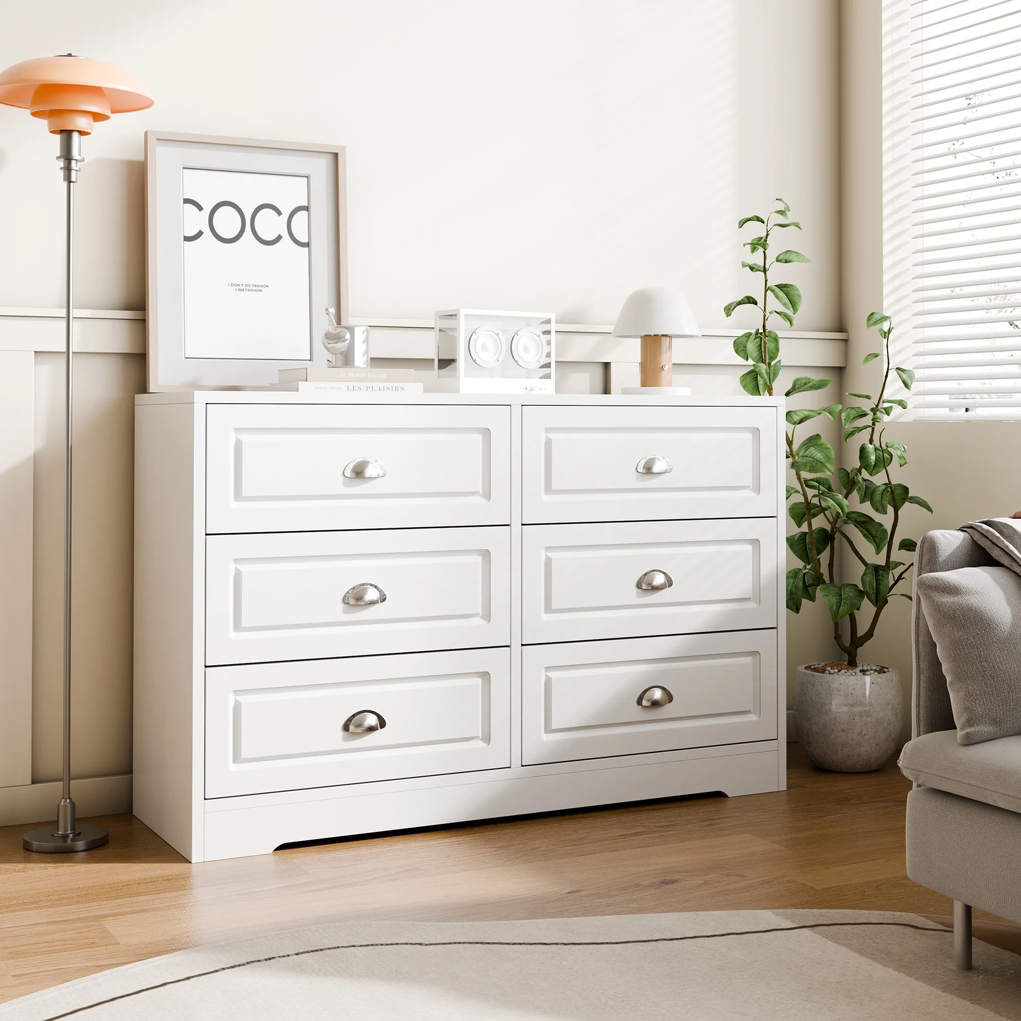 Walsunny 6 Drawer Double Dresser White Wooden Wide Chest of Drawers with Metal Handles Storage Organizer Dresser Nursery Dresser for Living Room Hallway