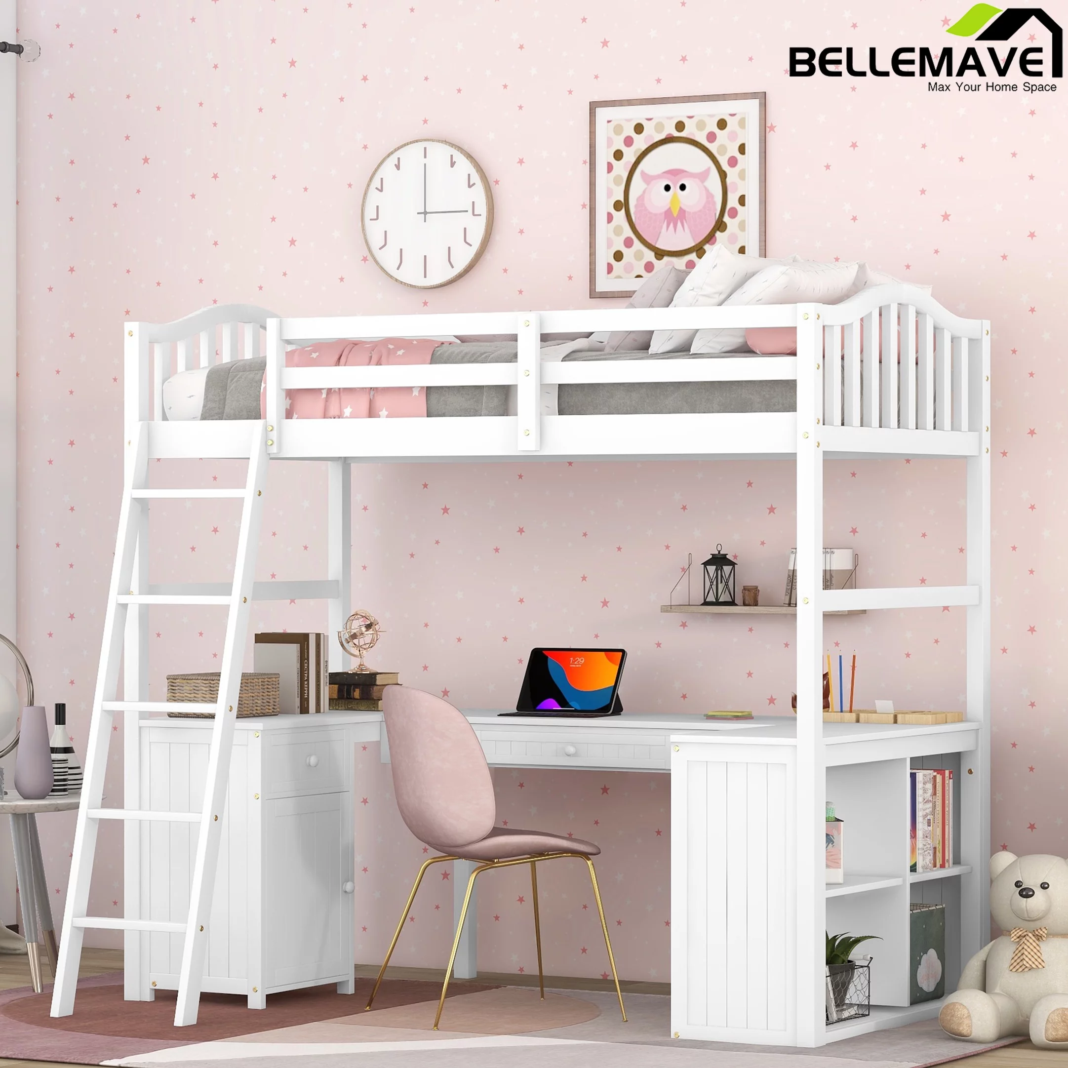 Bellemave Twin Size High Loft Bed with Desk and Drawers for Kids,Wooden Loft Bed Frame with Bookcase Shelves and Storage Cabinet for Kids,Teens,Adults,White