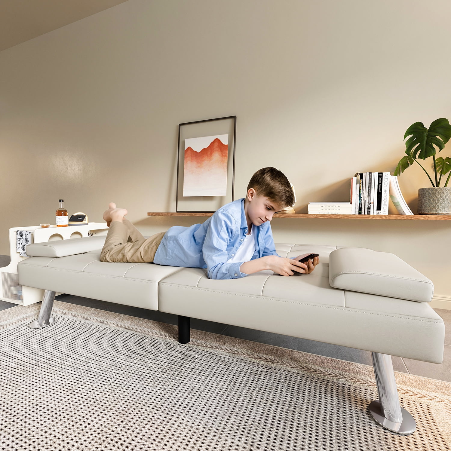 LINSY HOME Faux Leather Upholstered Convertible Futon Sofa Bed for Compact Living Space, Apartment, Dorm, White