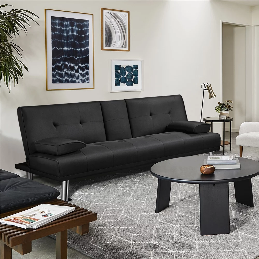 Topeakmart Convertible Futon Sofa Bed Tufted Fabric Futon Couch Bed with 2 Cup Holders, Black