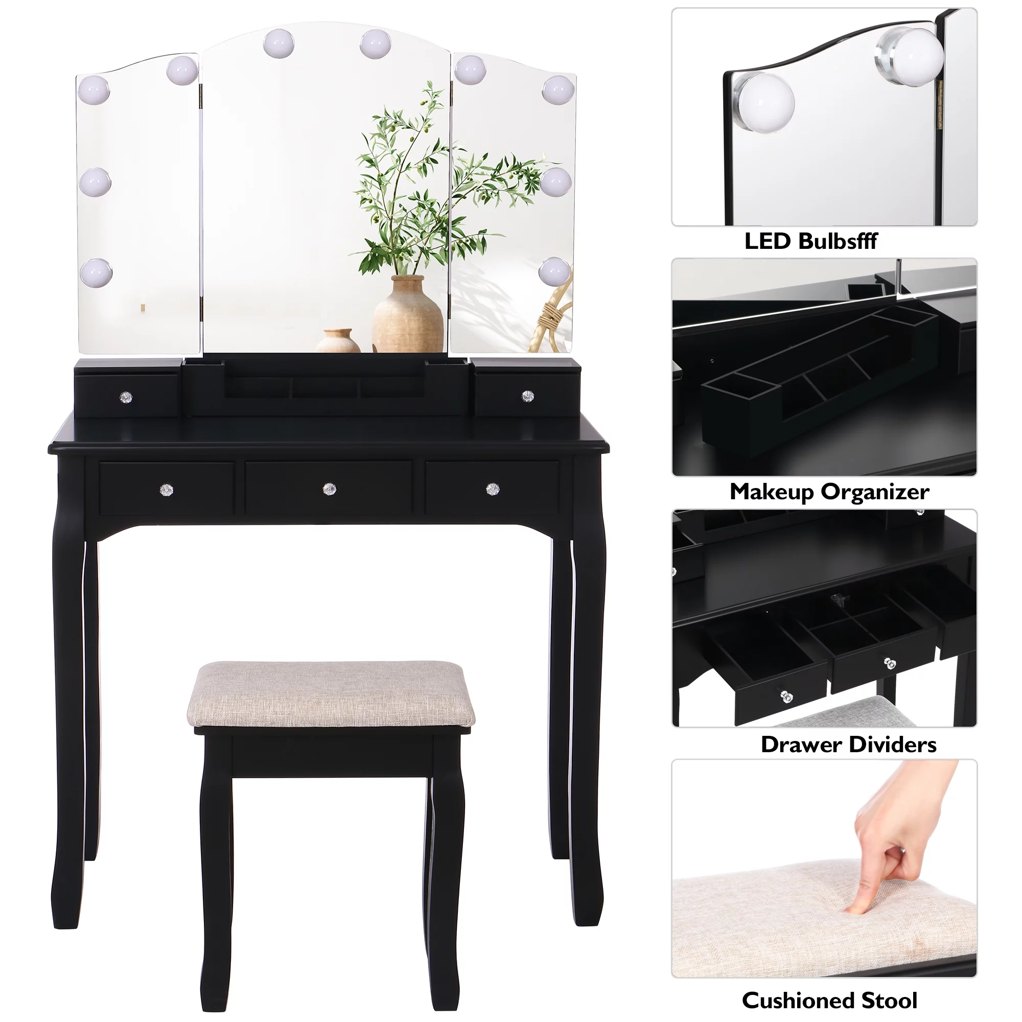 BEWISHOME Vanity Set with Lighted Mirror, Makeup Vanity with Tri-Folding Mirror 10 LED Bulbs, Black Vanity Desk Vanity Table with 5 Drawers 2 DIY Dividers, Cushioned Stool, Movable Organizer FST09H