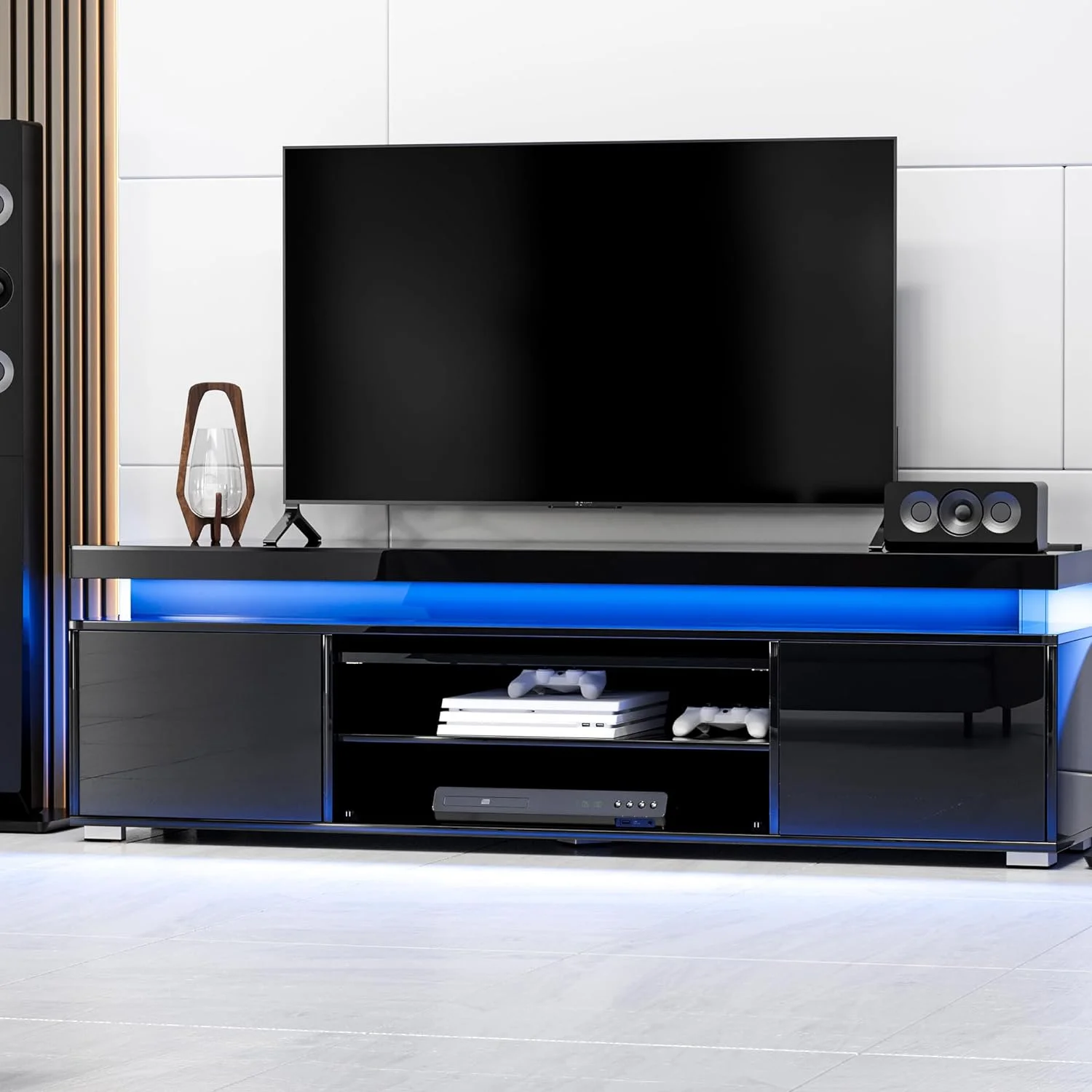 RUNFAYBIU LED TV Stand Black High Gloss for 55/65/70/75 inch TV  Modern Entertainment Center with   Gaming TV Stand  Media Console with Lights  Power Outlet  Adjustable   Living Room  Bed