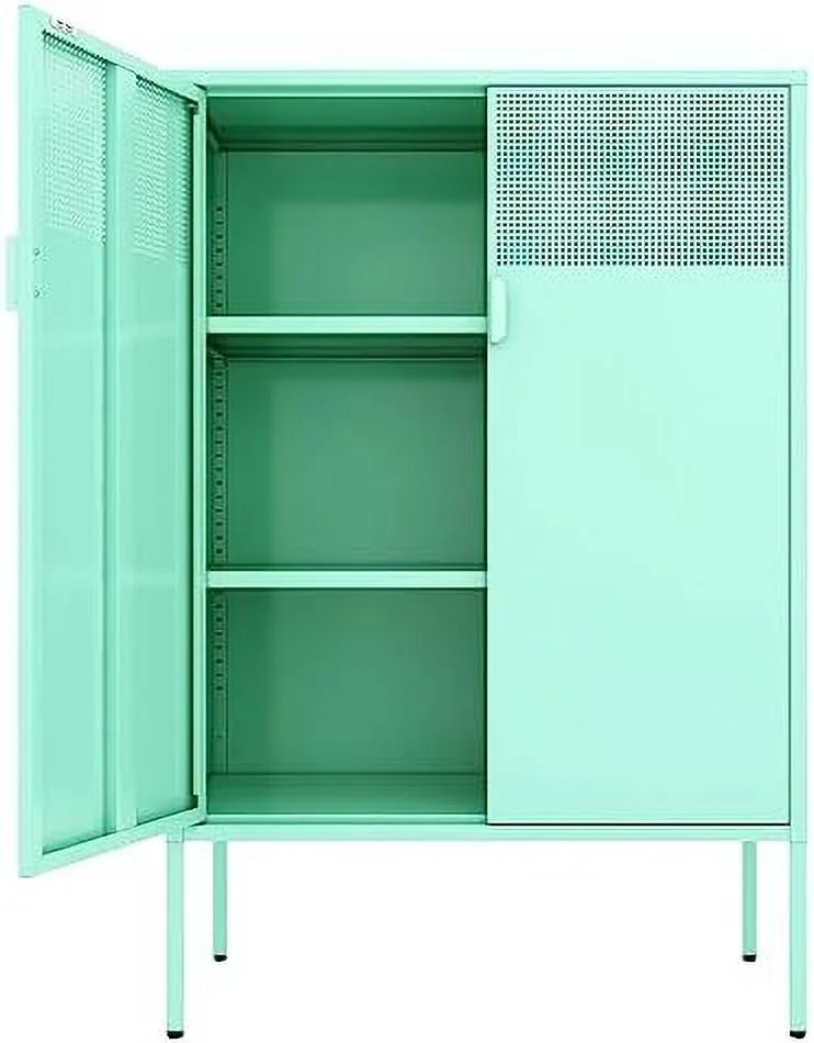 HBBOOMLIFE Metal Locker  Cabinet with Mesh Door & Adjustable Shelves Metal Sideboard Bathroom  Cabinet Metal Dresser Steel Cabinet for Home Office Kitchen (Mint Green)