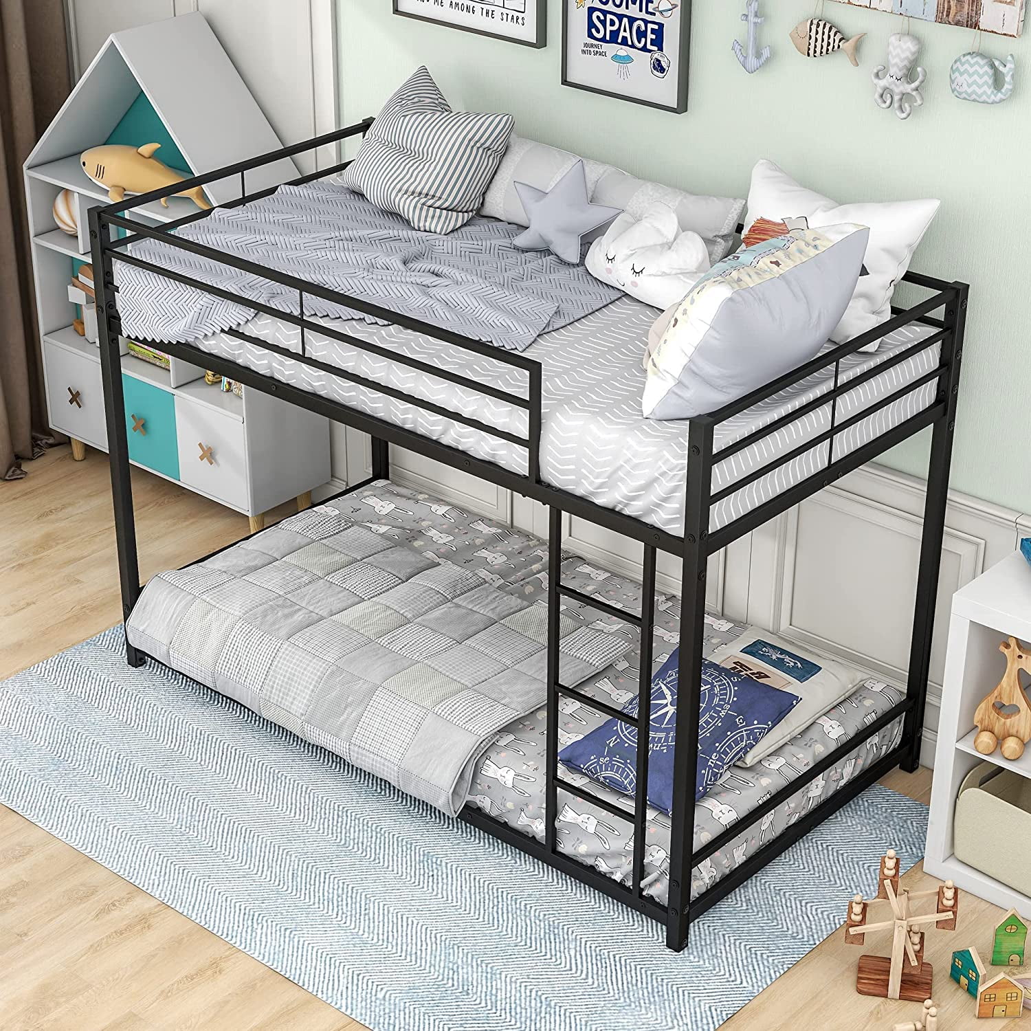 Metal Bunk Bed Twin Over Twin  Bunk Bed Frame with Safety Guard Rails  Solid Bunk Bed with Trundle for Kids Adults(Black)