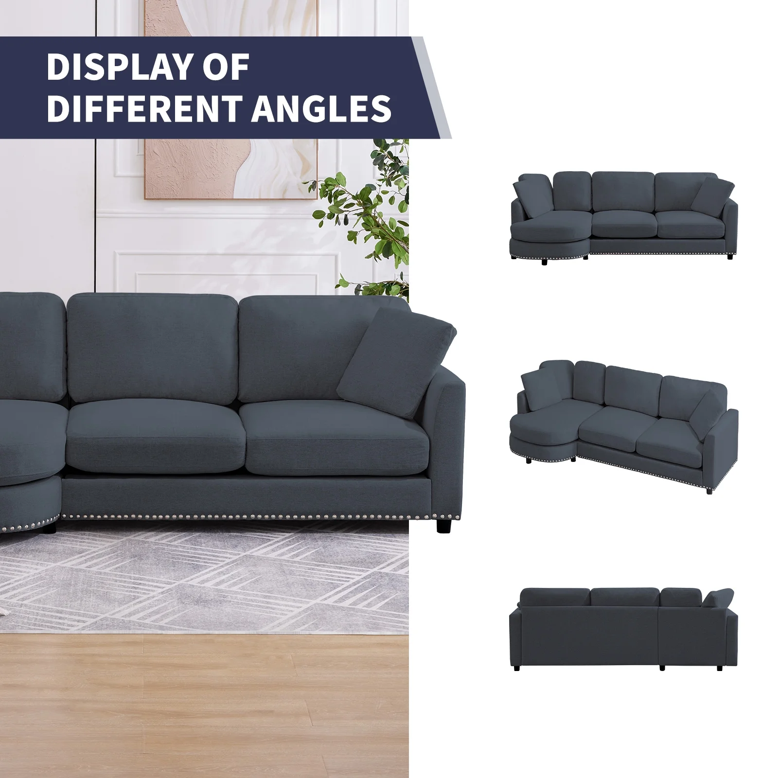 ZAFLY 3 Seater Sofa Couch, L Shaped Couch with Chaise, Curved Couches for Living Room - Dark Grey