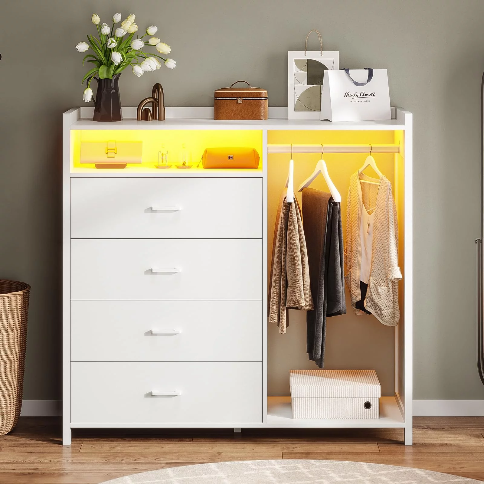 Afuhokles 4 Drawer Dresser for Bedroom with Clothing Rack, Dressers and Chests of Drawers with LED Lights, White
