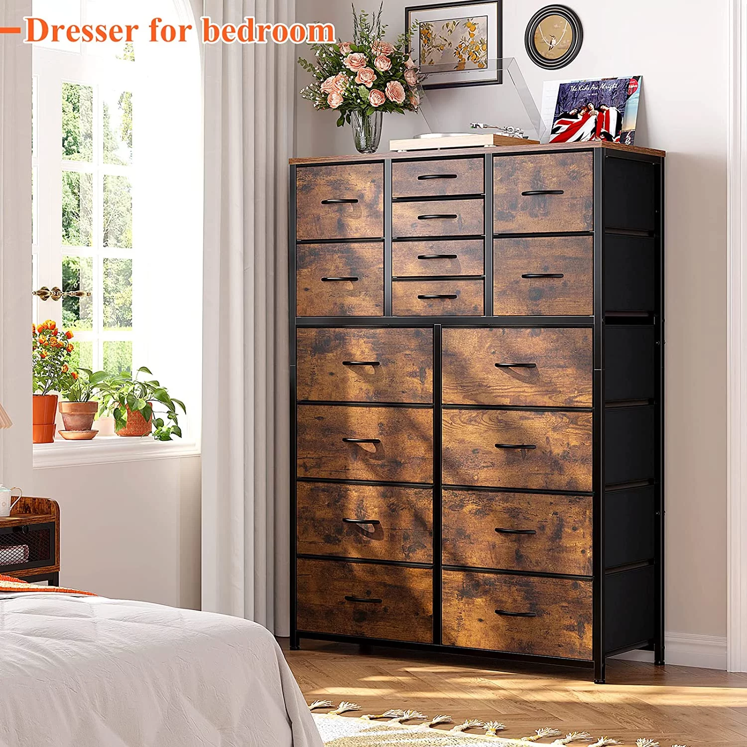 Popular 16 Drawer Dresser  Tall Dresser for Bedroom with Wooden Top and Sturdy Metal Frame  Large Dressers & Chest of Drawers for Bedroom Closet Living Room Entry 57.1"Hx 37.4"