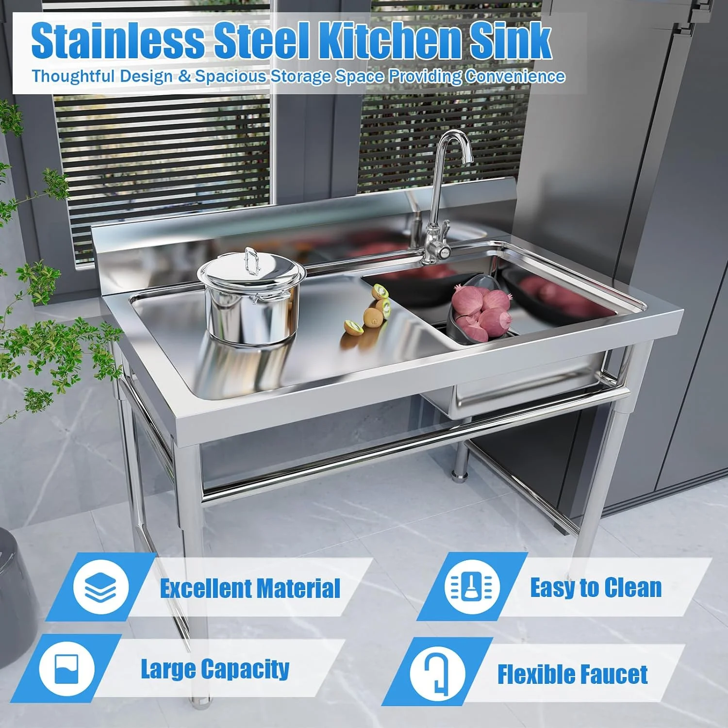 Free Standing Commercial Kitchen Sink 2 Compartment Stainless Steel Prep & Utility Sink 201 Stainless Steel Freestanding Kitchen Sink for Restaurant, Kitchen, Outdoor (Dual Bowl Style w/Baffle)