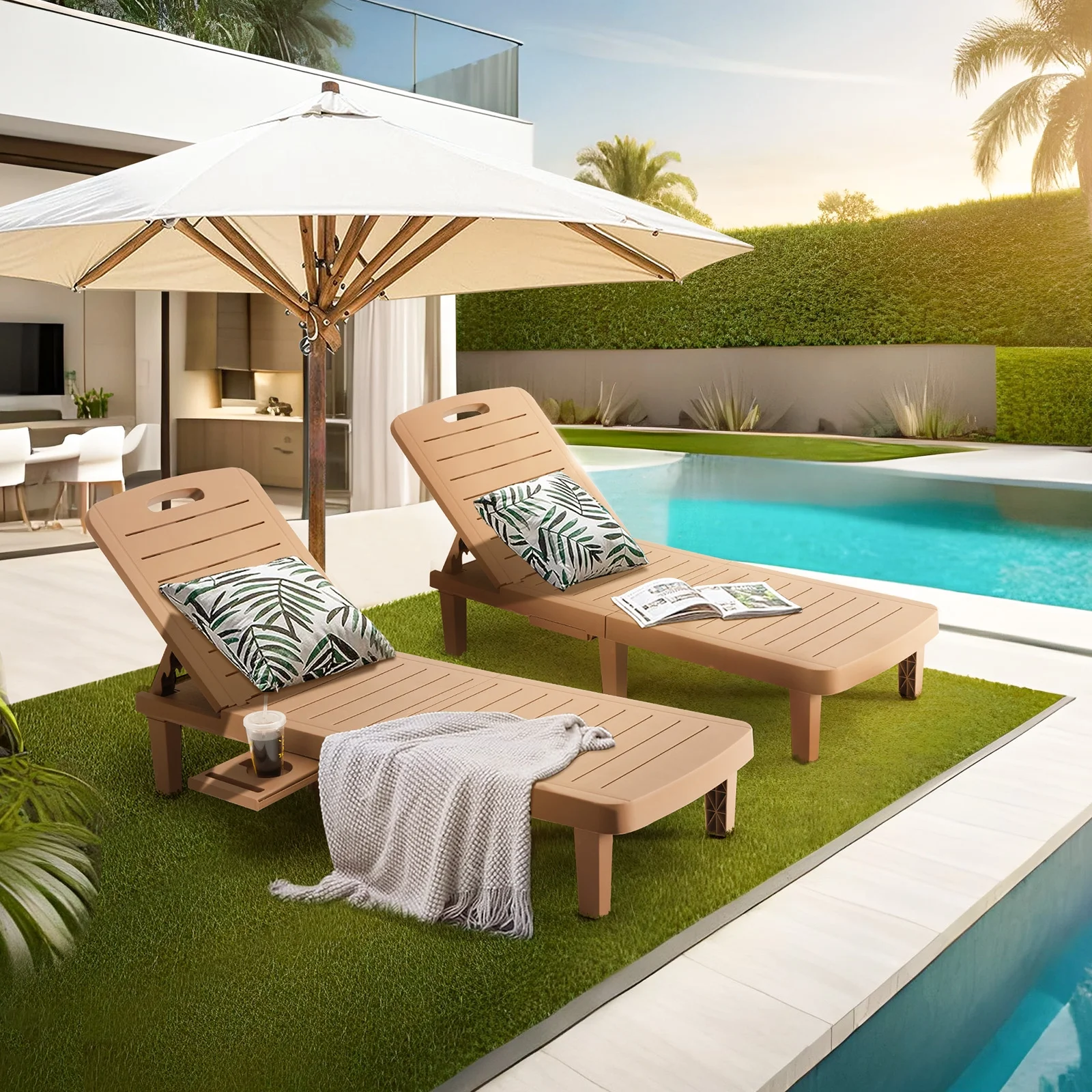 ELPOSUN Oversized Outdoor Chairse Lounge Chair, 5-Level Adjustment Backrest, Extra Widen Chaise with Cup Holder Easy Assembly for Pool Beach Garden