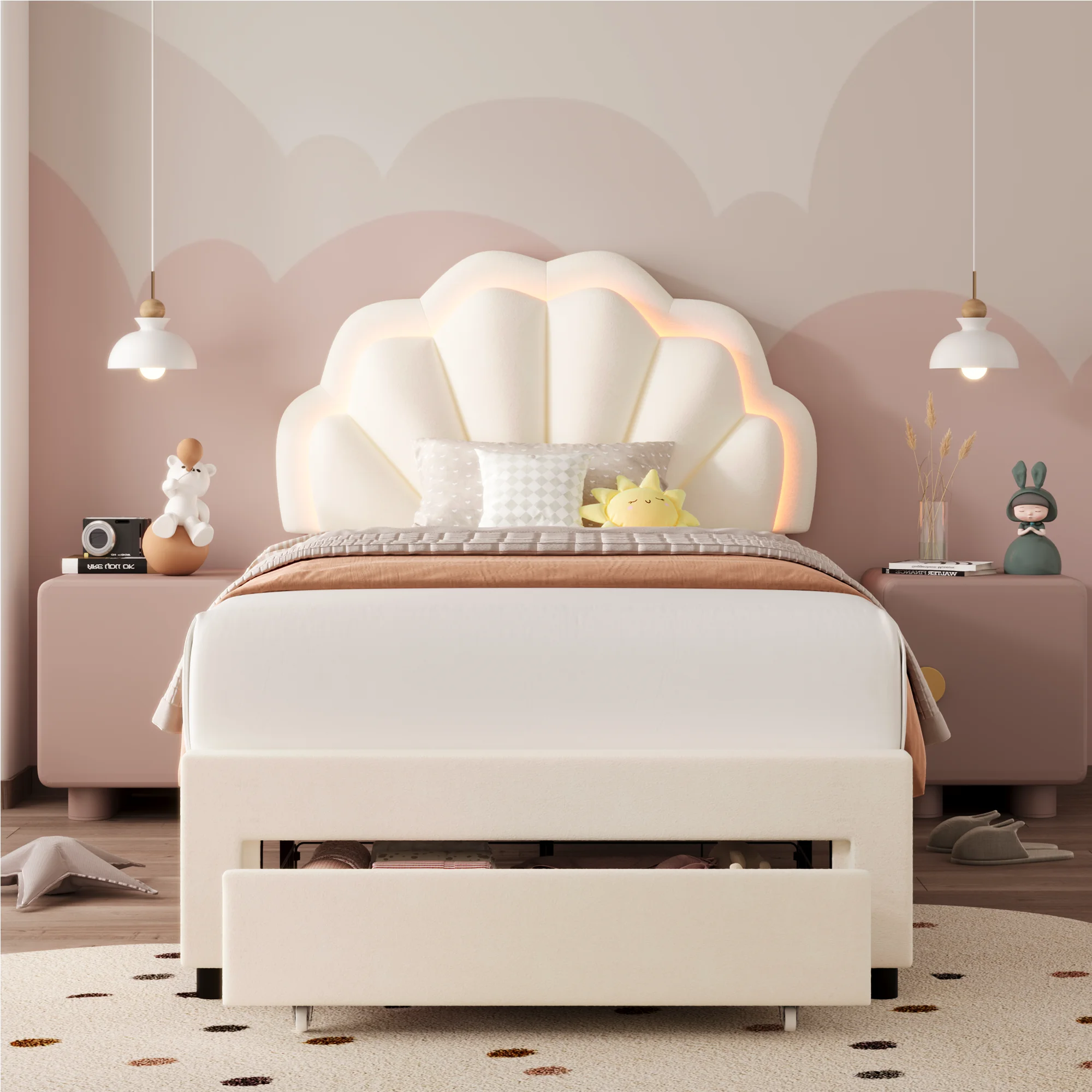 Homfa Twin Size LED Bed Frame with Drawer, Velvet Upholstered Platform Bed with Adjustable Petal Headboard for Kid, Beige