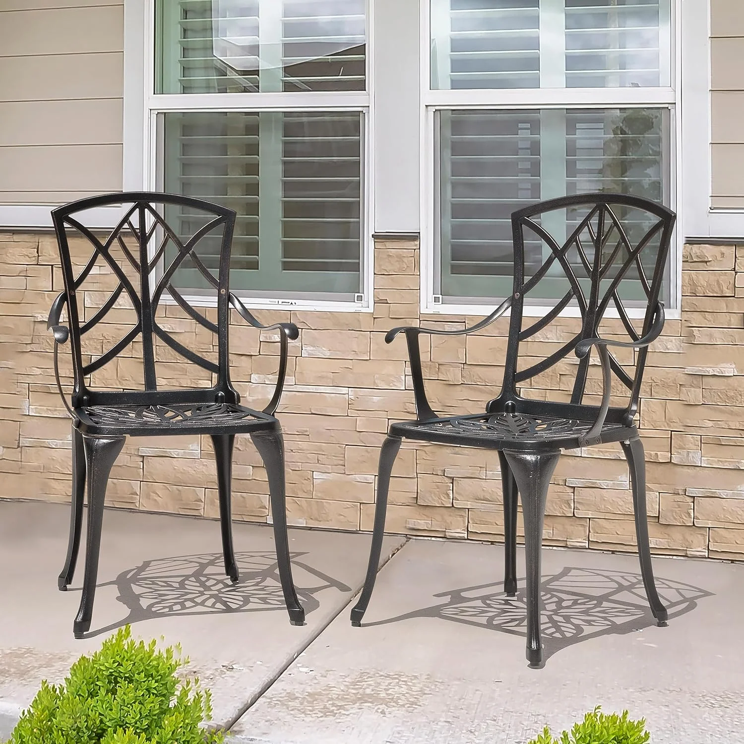 Patio Chairs Set of 2 Outdoor Dining Chairs, Cast Aluminum Stackable Patio Dining Chairs with Armrest for , Balcony, Backyard, Support 300 lbs, Black with Gold-Painted Edge